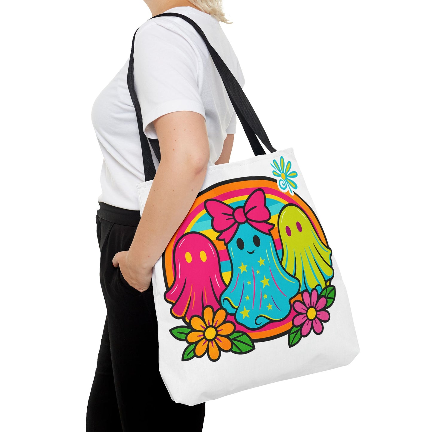 ๐ Retro Rainbow Ghosts Tote Bag โ Groovy Spooky Fun ๐ป๐