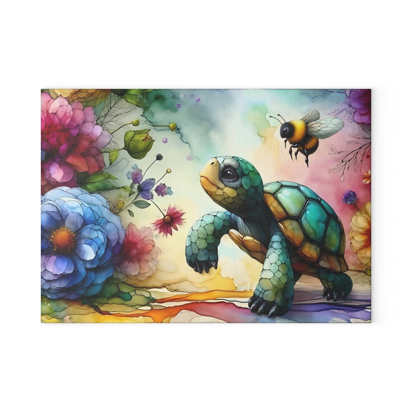 Tortoise & Bee Glass Cutting Board – Floral Wildlife Kitchen Decor