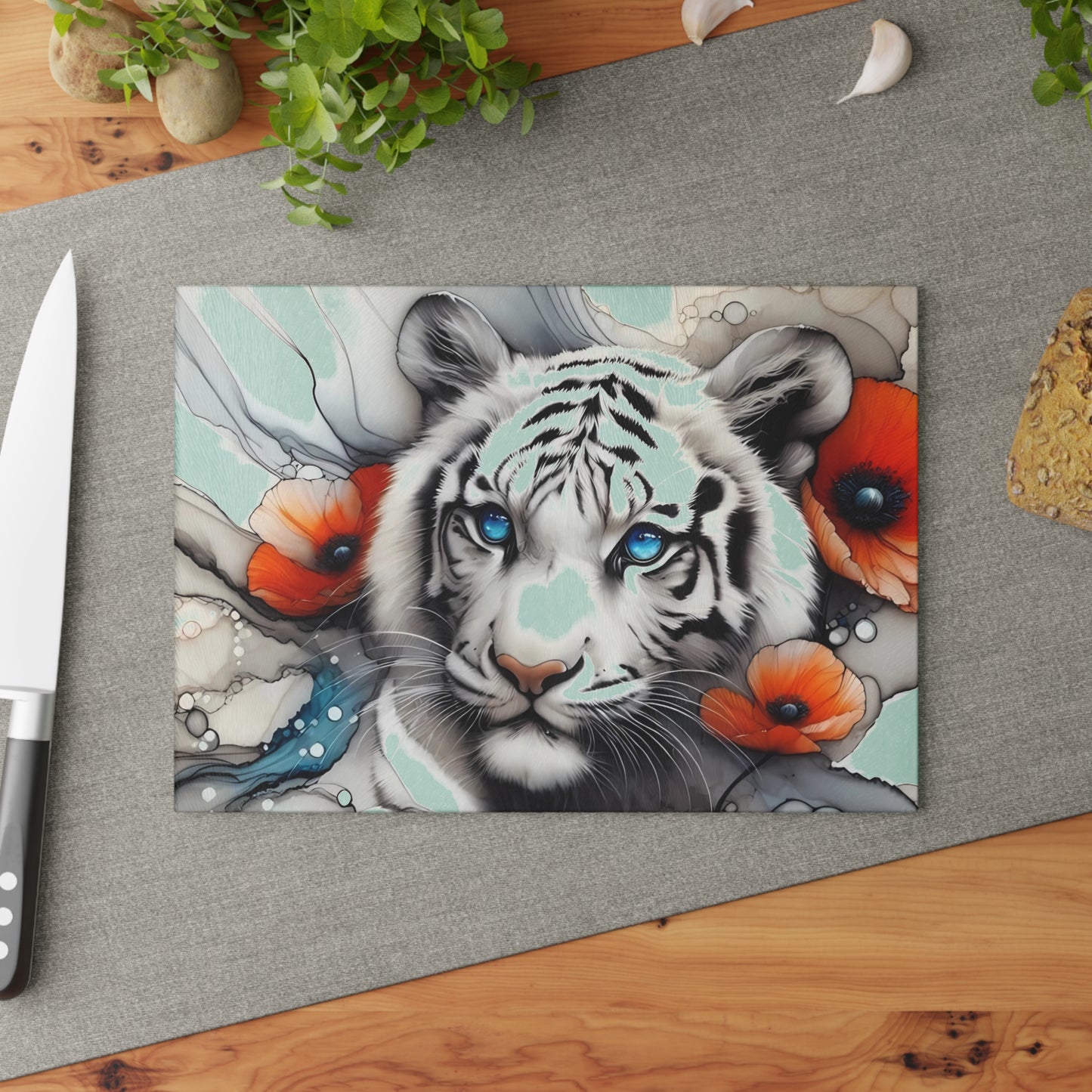 🐅 White Tiger Floral Cutting Board – Fierce Elegance for Your Kitchen