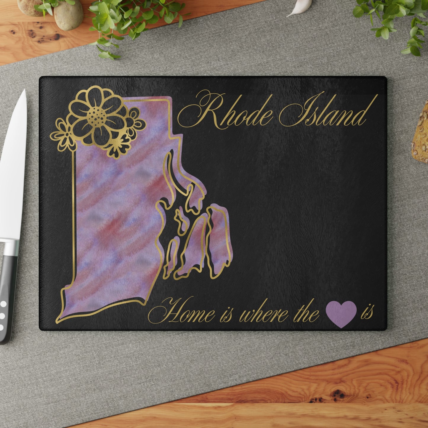 🖤 Rhode Island State Cutting Board – Elegant Watercolor Pride with Gold Florals 💜
