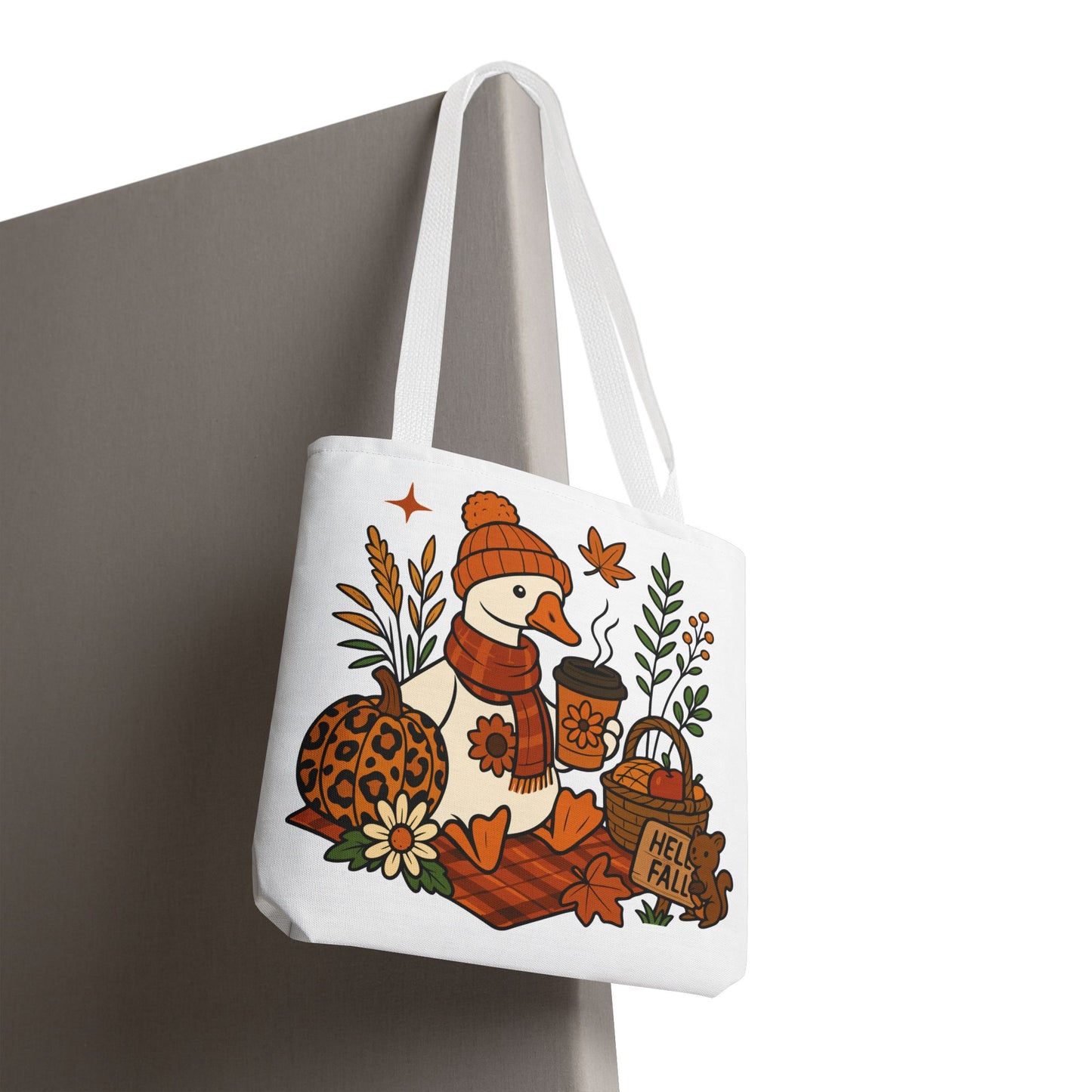 🧣 Hello Fall Cozy Duck Tote Bag – A Quirky Autumn Hug in a Bag 🍂🦆