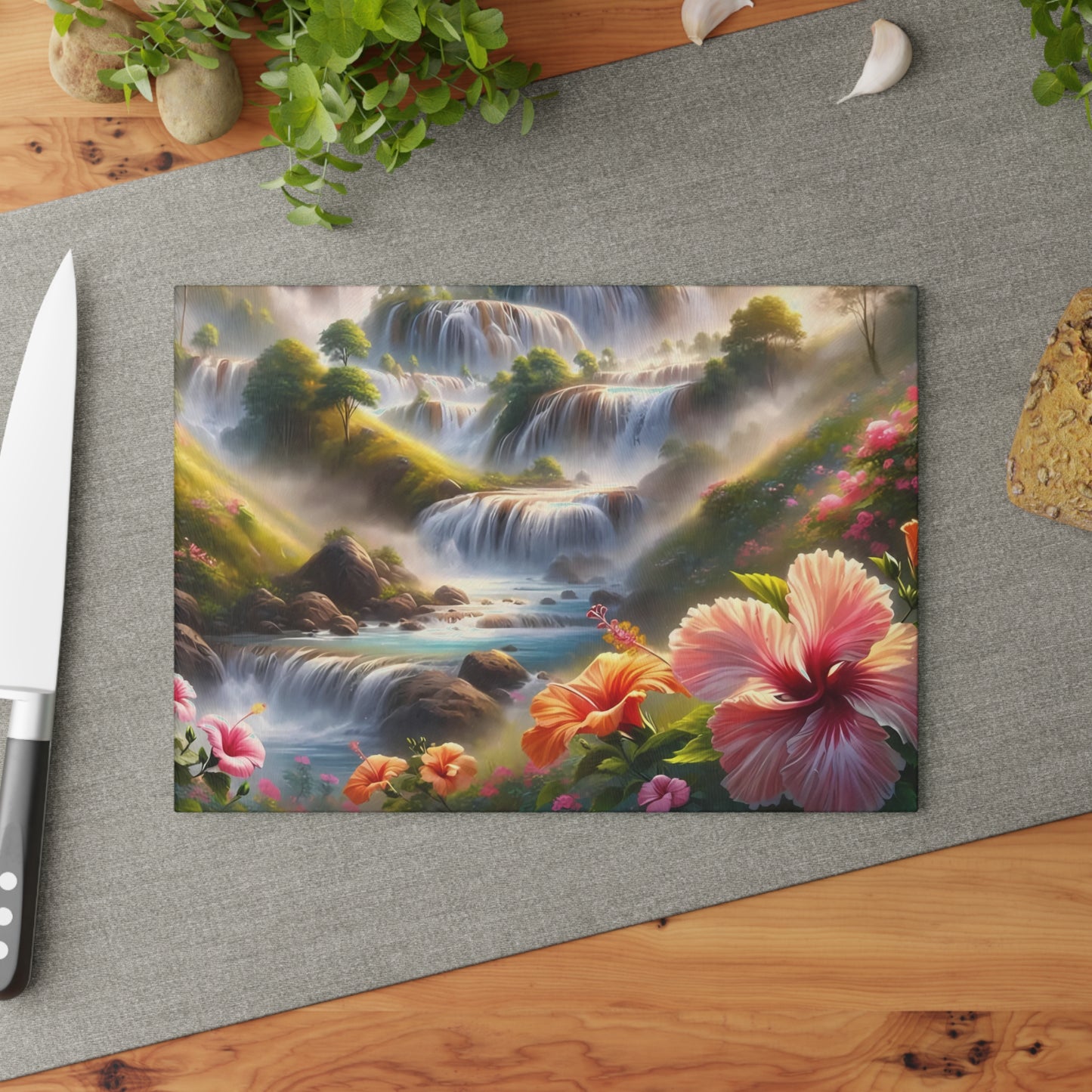 Tabla de cortar de vidrio Cascading Dreams: un paisaje floral encantado para amantes de la naturaleza