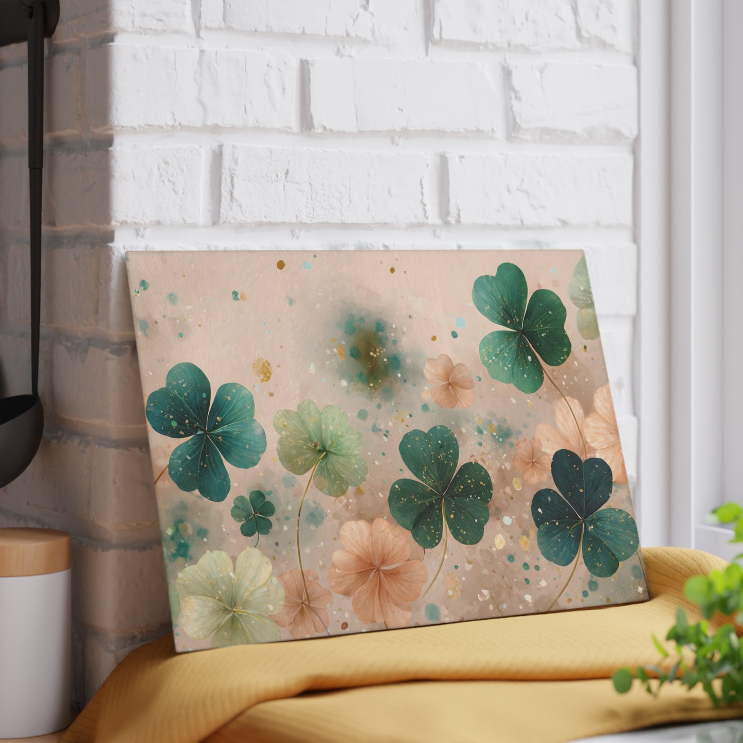 Pastel Shamrock Floral Glass Cutting Board – Soft Irish Clover Spring Kitchen Art