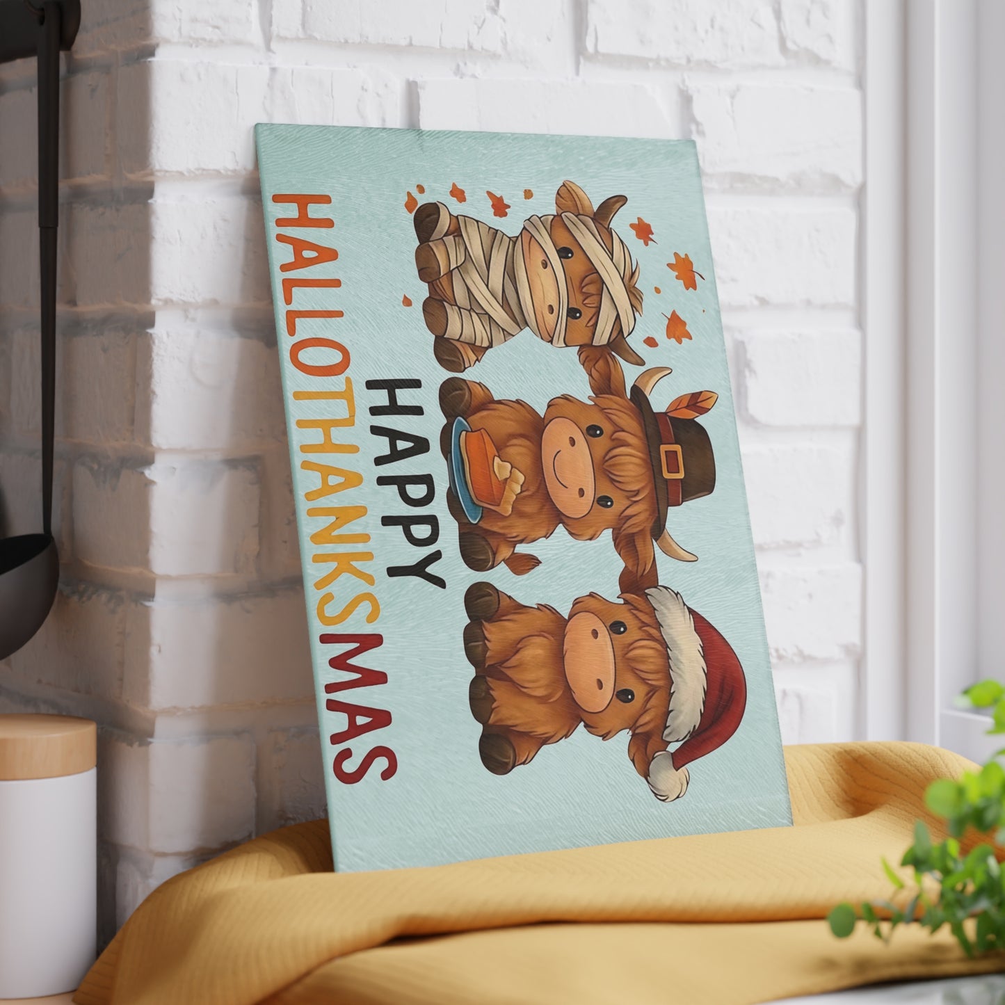 🎃🦃🎄 Happy Hallothanksmas Highland Cow Cutting Board – Festive Multi-Holiday Kitchen Décor 🍁🥧✨
