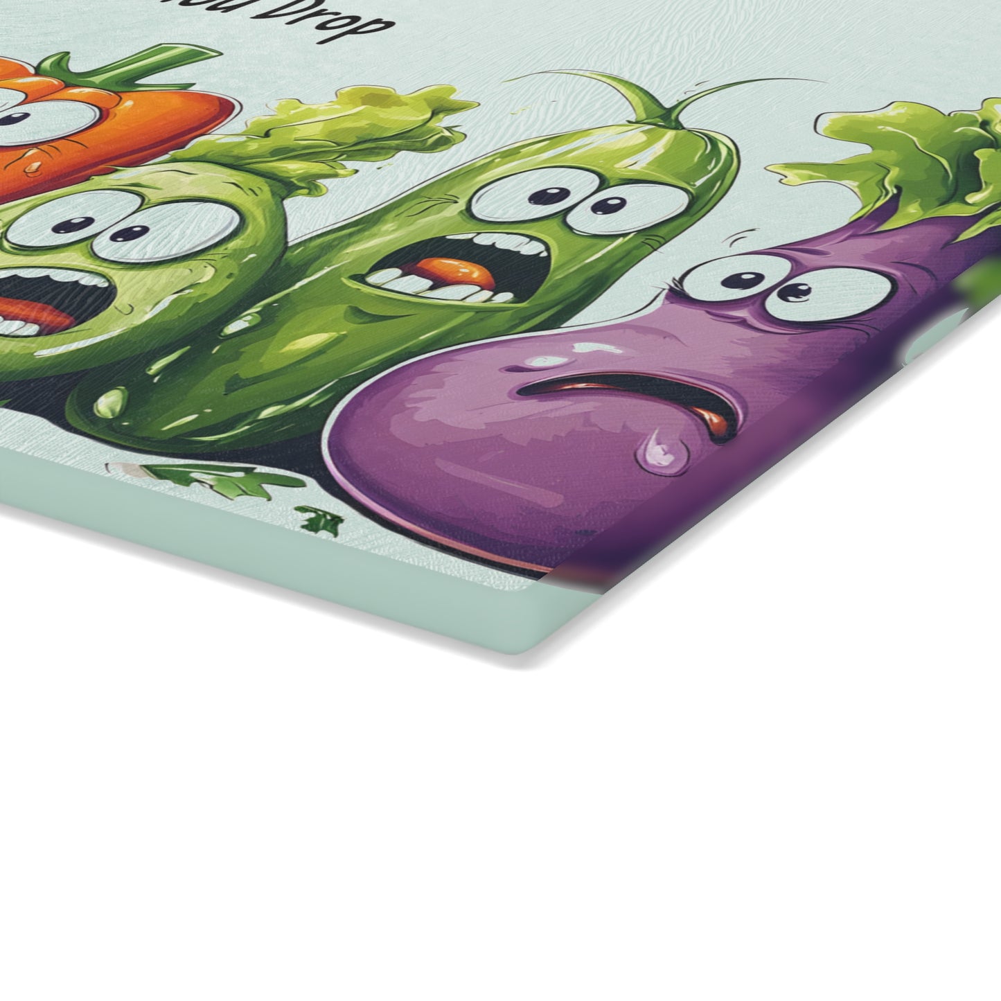 Tabla de cortar de vidrio “Chop Till You Drop” – Verduras que gritan y humor negro de cocina 😱🍅