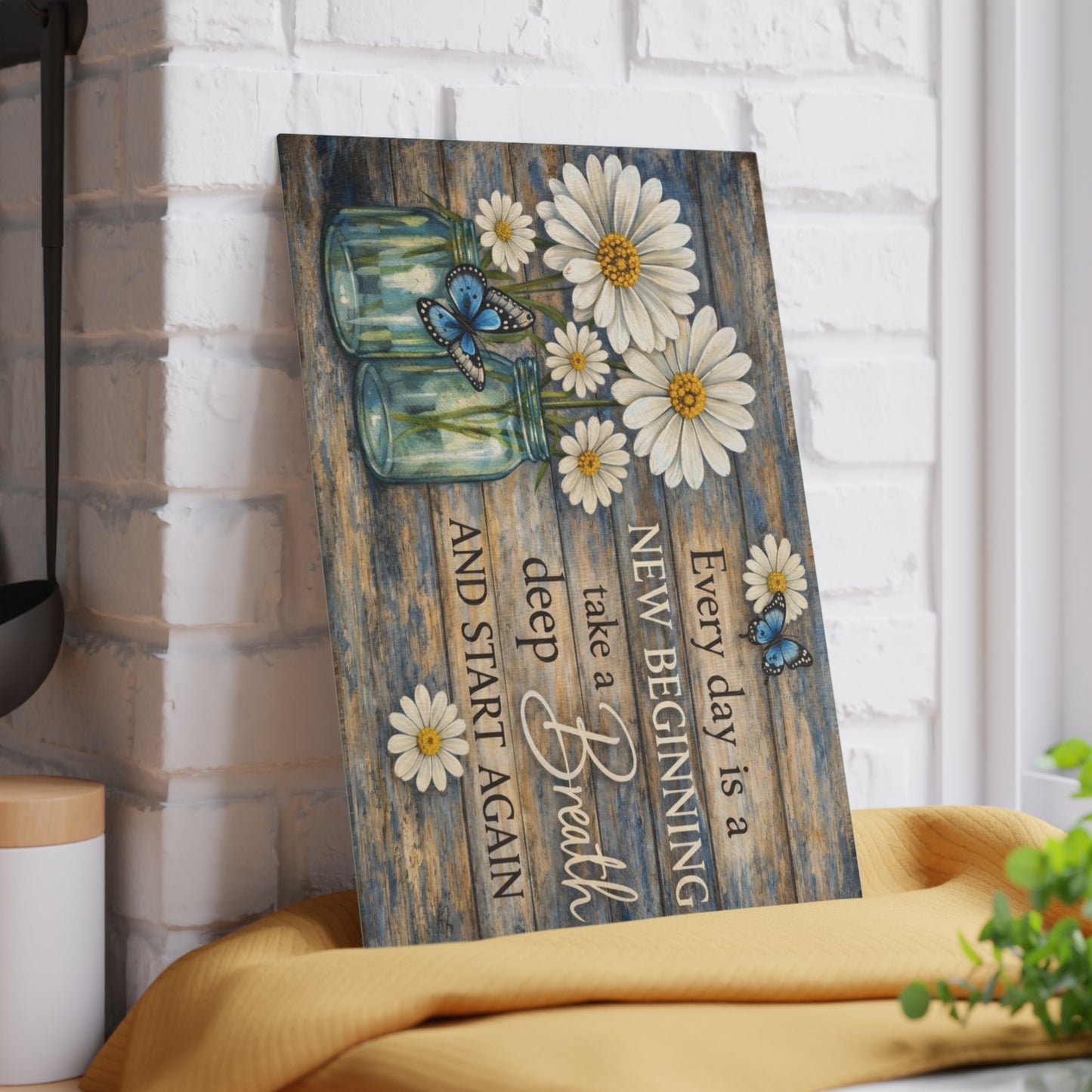 Every Day Is a New Beginning Glass Cutting Board – Daisy and Butterfly Inspirational Kitchen Art