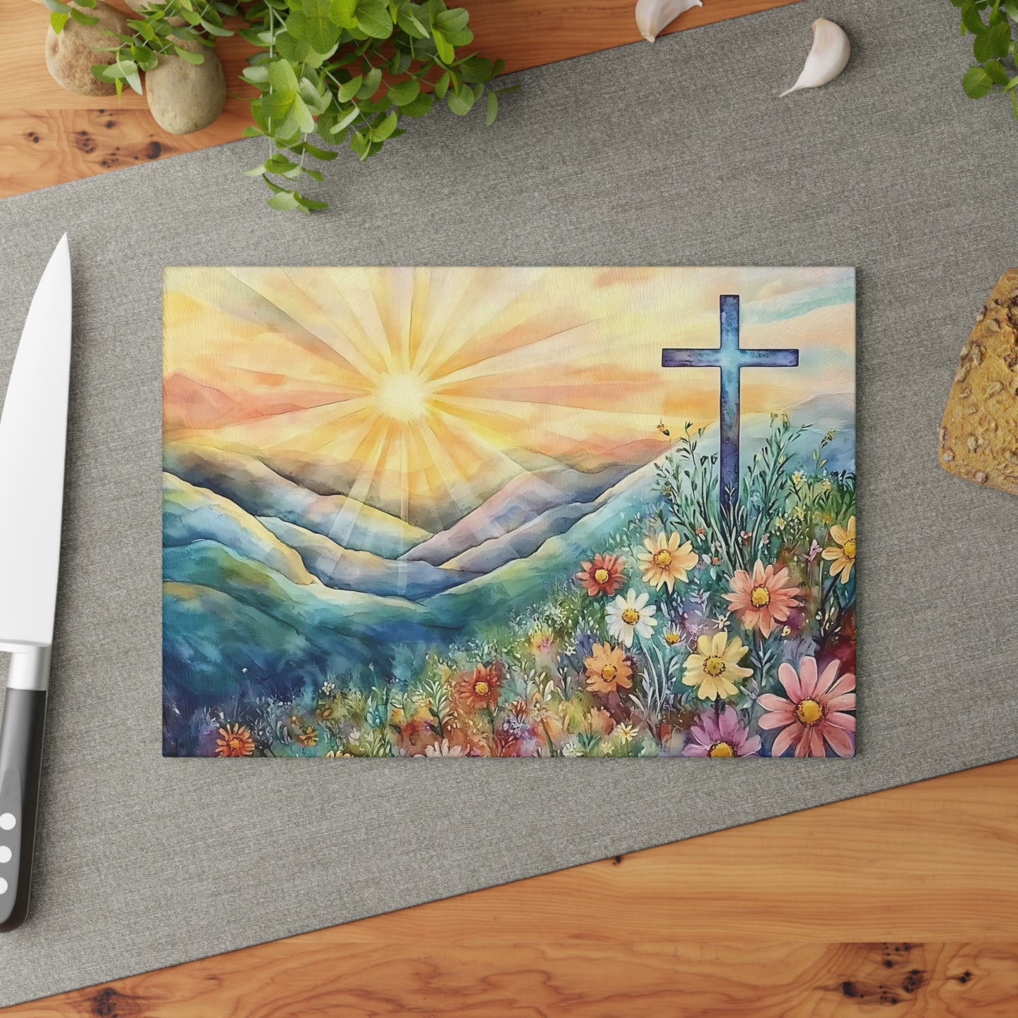 🌄🌸 Sunrise Mountain Cross Cutting Board – Peaceful Faith Kitchen Décor with Florals & Radiant Light ✝️✨