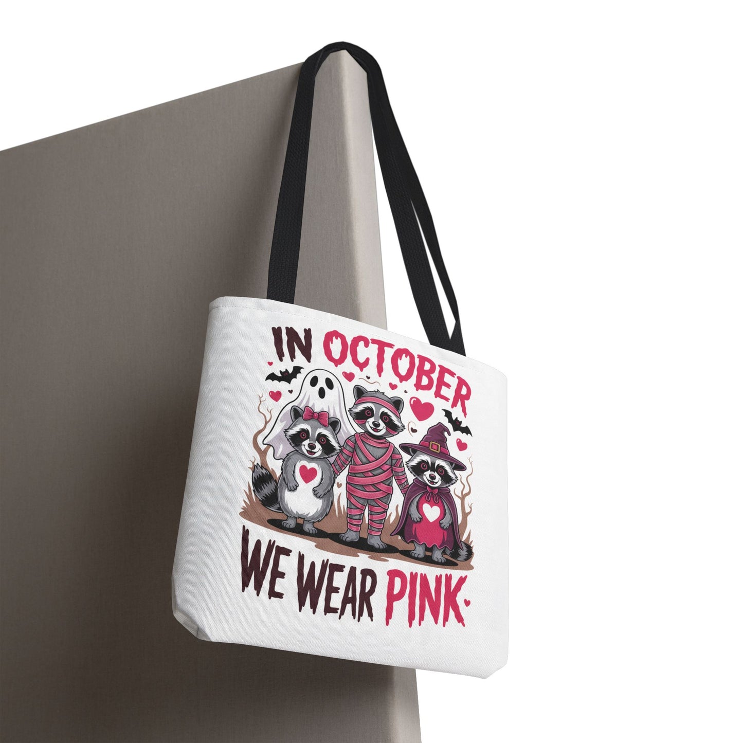 🎀 In October We Wear Pink Raccoon Halloween Tote Bag – Spooky Cute Awareness Style 🦝👜