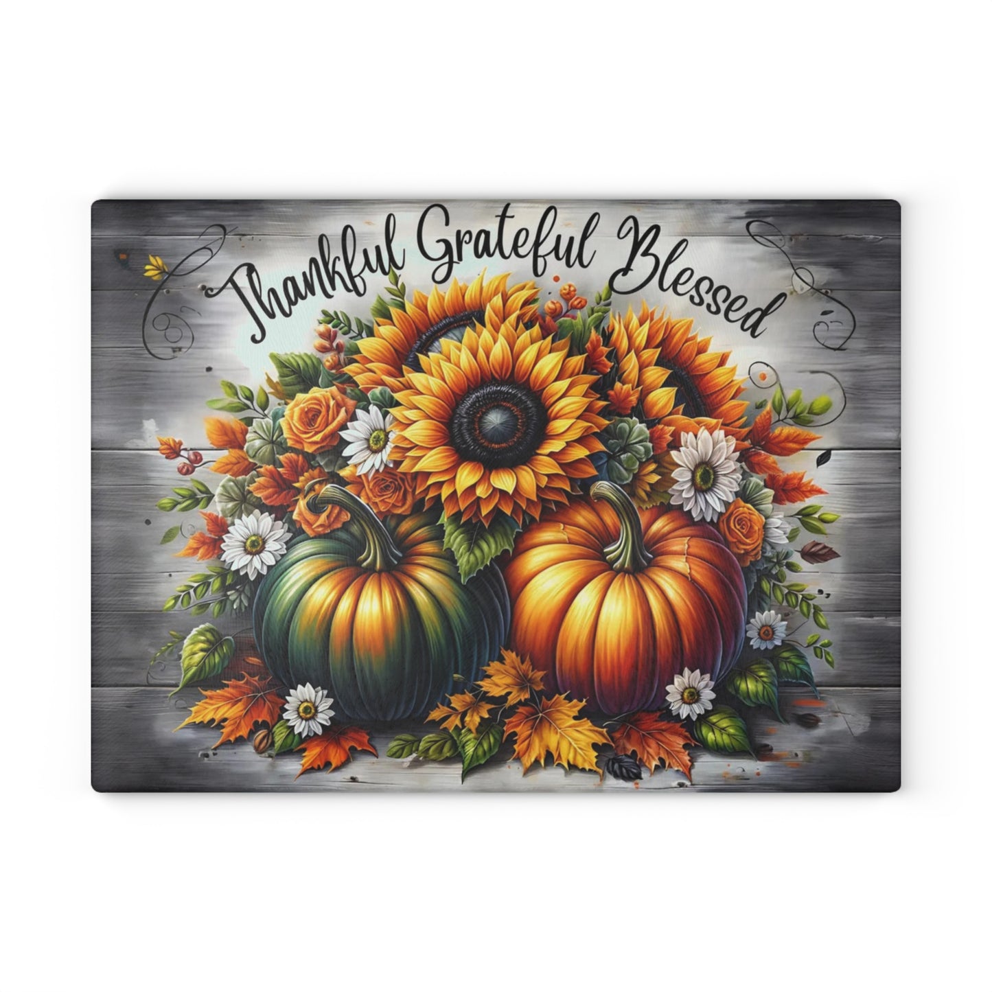🌻🎃 Thankful Grateful Blessed Cutting Board – Autumn Sunflowers & Pumpkins for Seasonal Charm 🍁✨