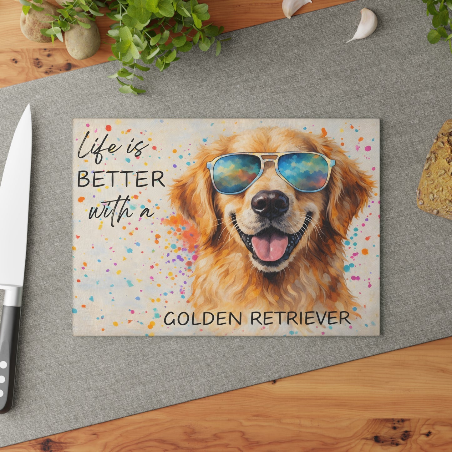 Golden Retriever Glass Cutting Board – Sunny Smiles & Kitchen Style