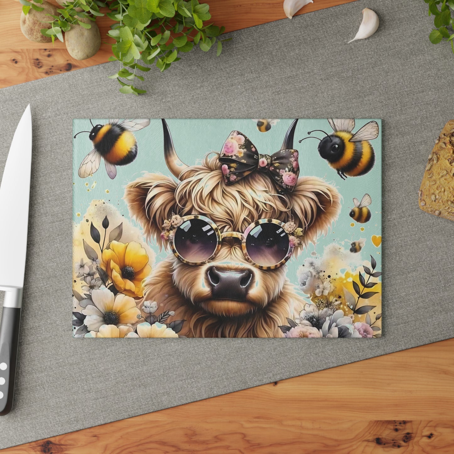 Tabla de cortar de vaca, regalo único, tabla de cortar de vidrio templado, tabla de charcutería, tabla de cortar, regalo de inauguración de la casa, tabla de cortar personalizada