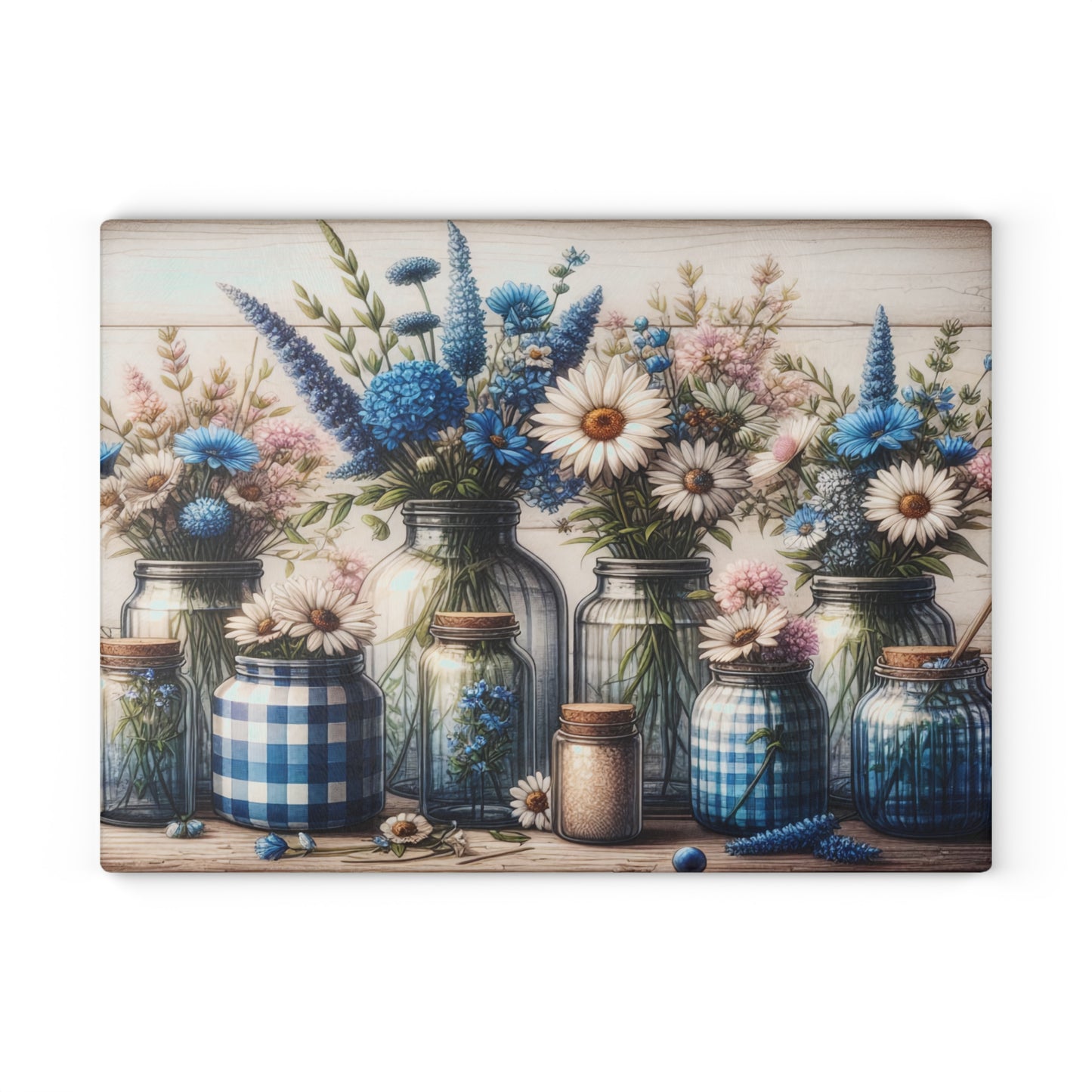 💙🌼 Blue Gingham Wildflower Mason Jar Cutting Board – Rustic Farmhouse Kitchen Charm 🌿✨