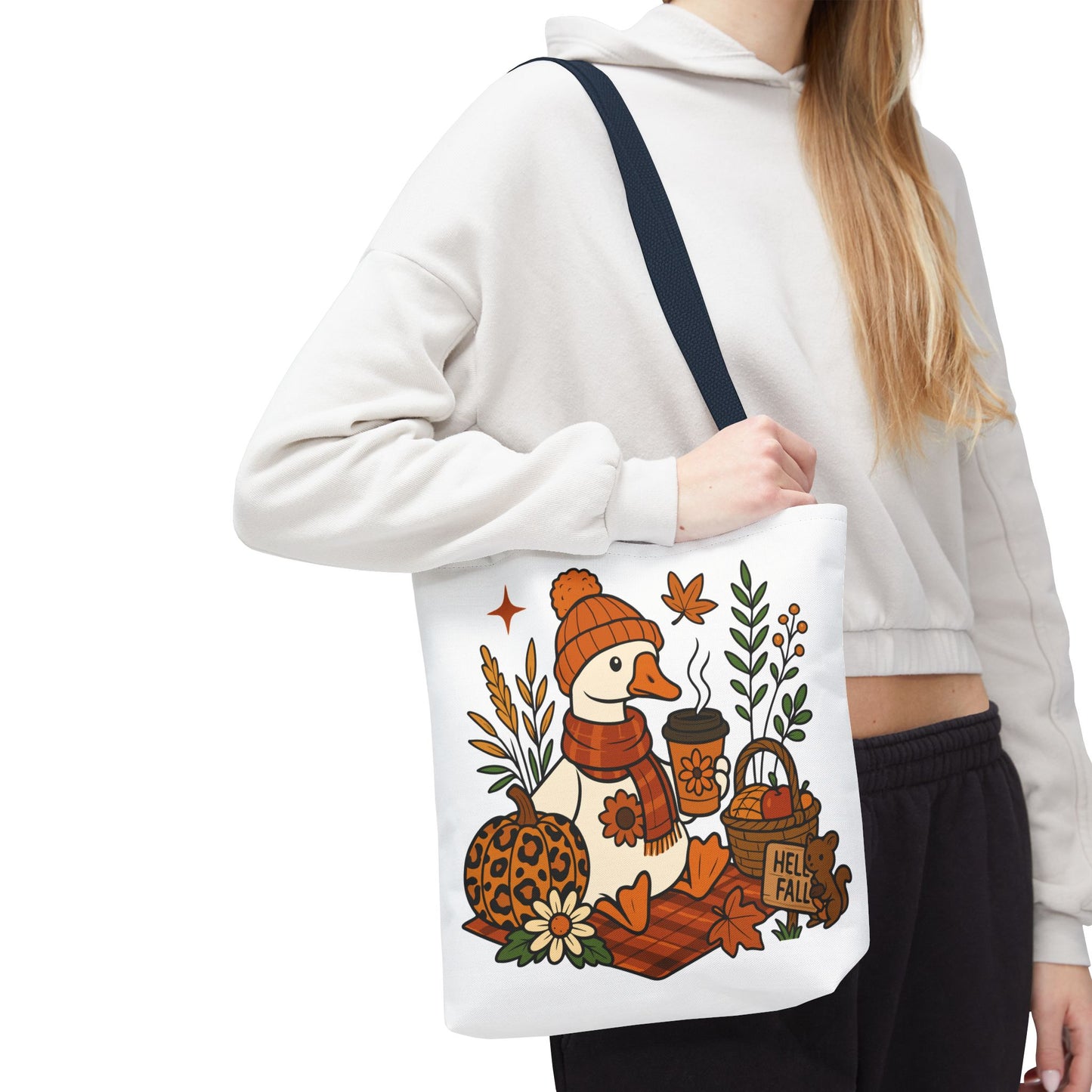 🧣 Hello Fall Cozy Duck Tote Bag – A Quirky Autumn Hug in a Bag 🍂🦆