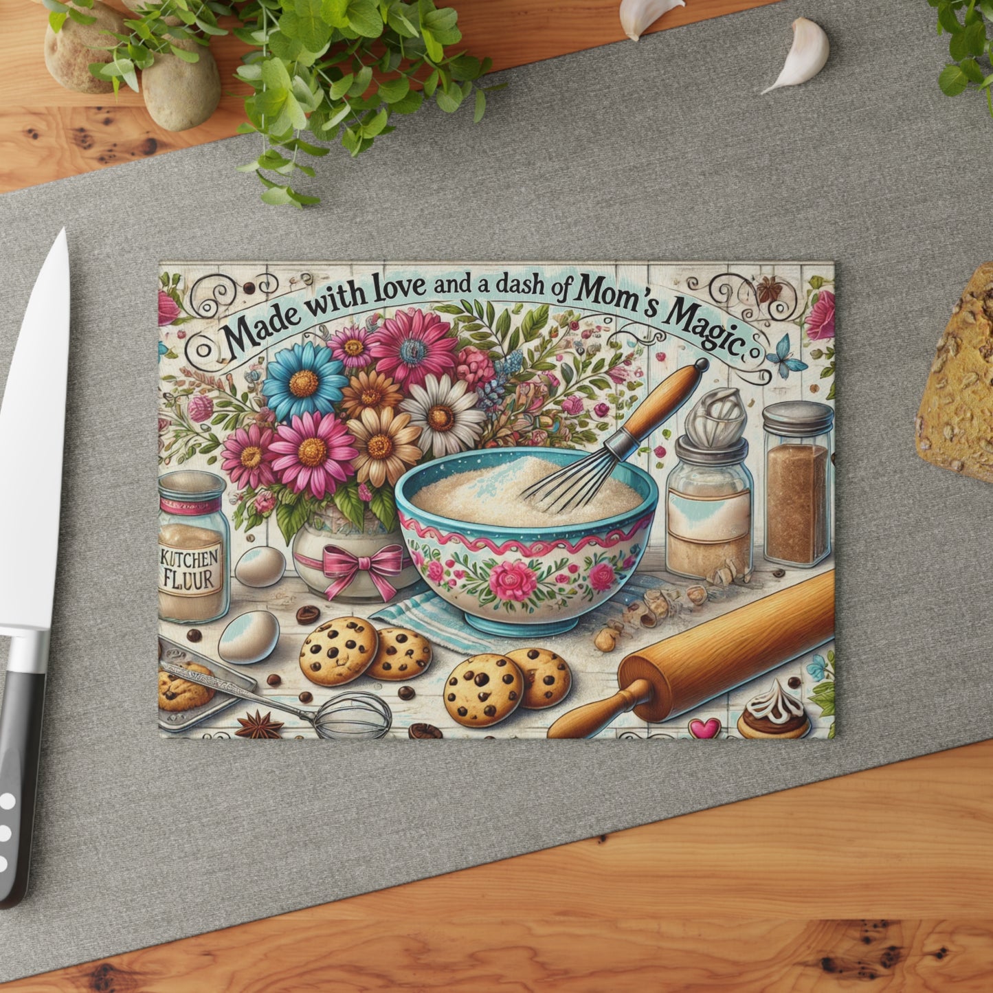 Tabla de cortar de vidrio “Hecha con amor y un toque de la magia de mamá”: decoración de cocina inspirada en la repostería saludable 🧁✨