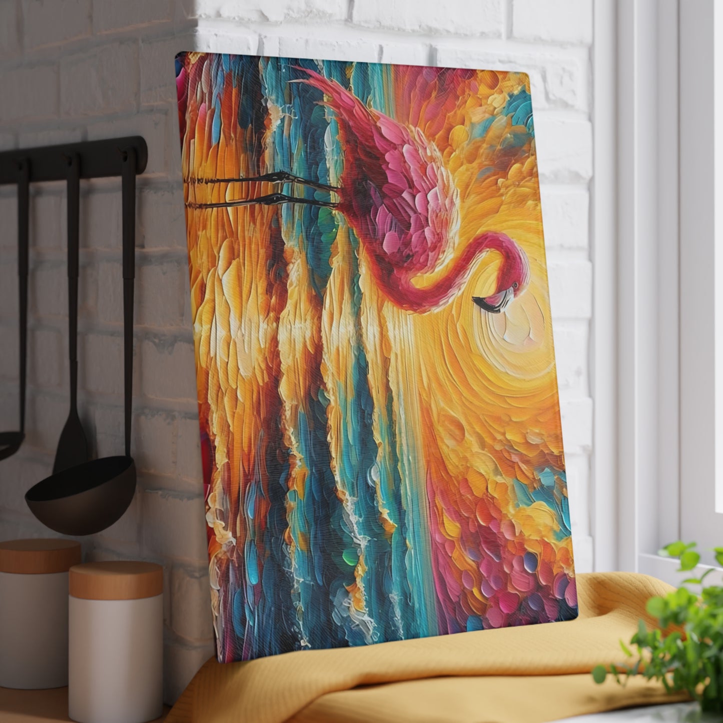 Tabla de cortar - Tabla de cortar de vidrio templado con diseño de flamenco rosa y atardecer en la playa, tabla de charcutería, tabla de cortar, regalo de inauguración de la casa, tabla de cortar personalizada, rústica