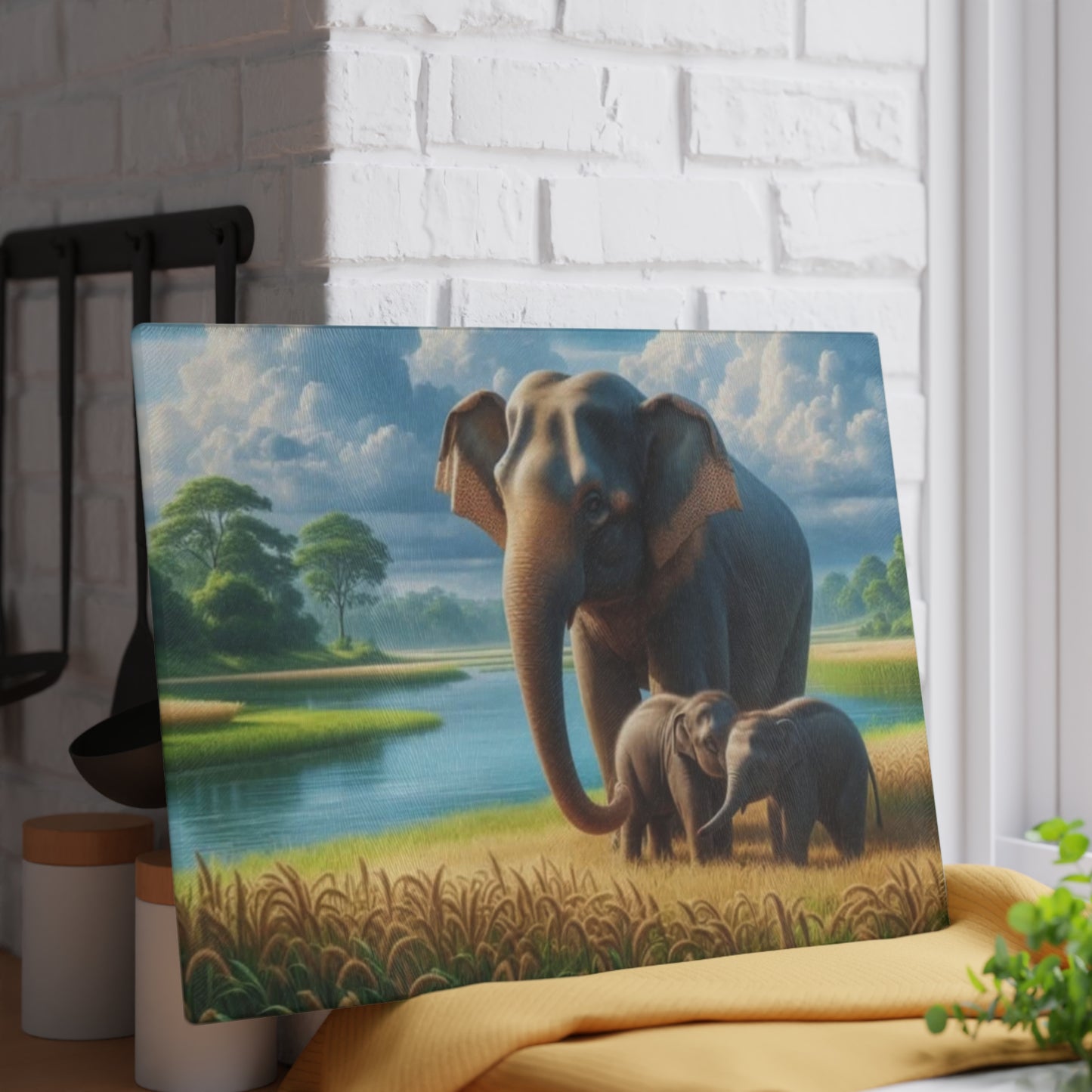 Mama Elephant and Babies Glass Cutting Board – Nature-Inspired Wildlife Kitchen Decor