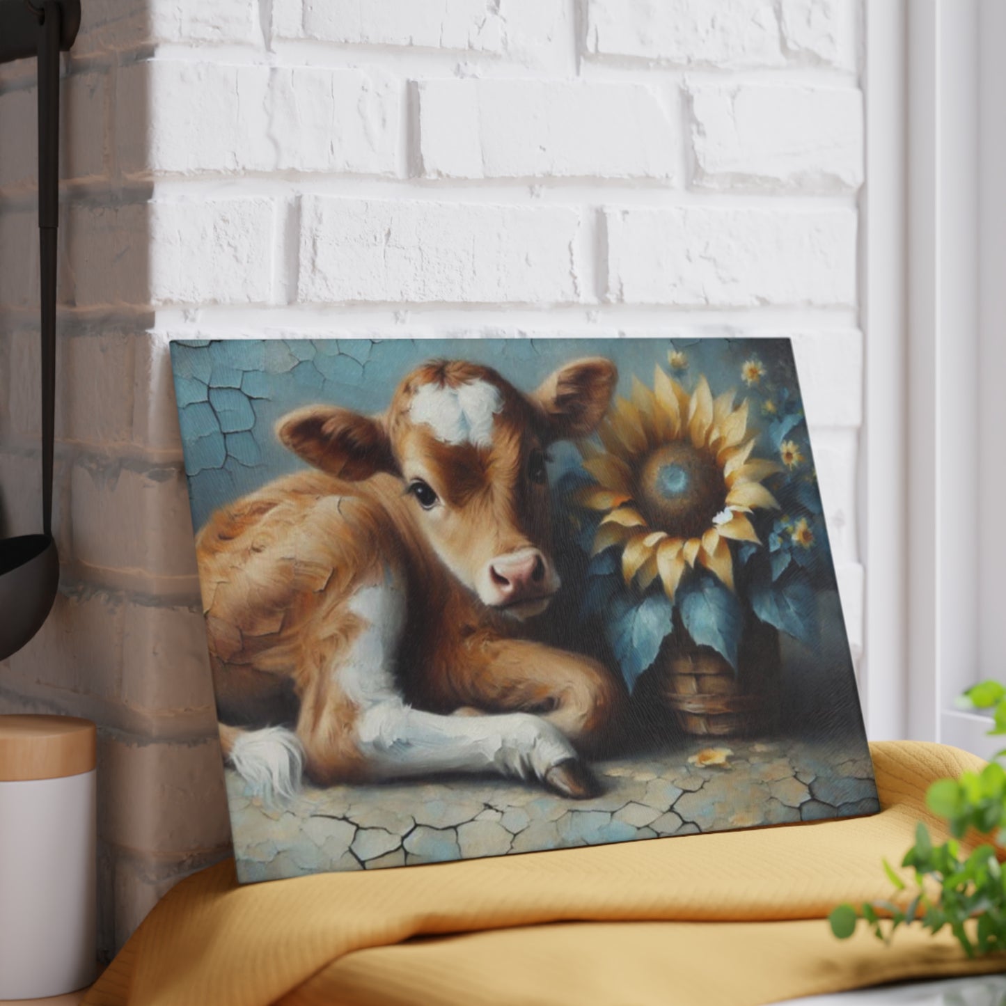 🌻 Sunflower Calf Glass Cutting Board – Rustic Farmhouse Charm for Your Kitchen