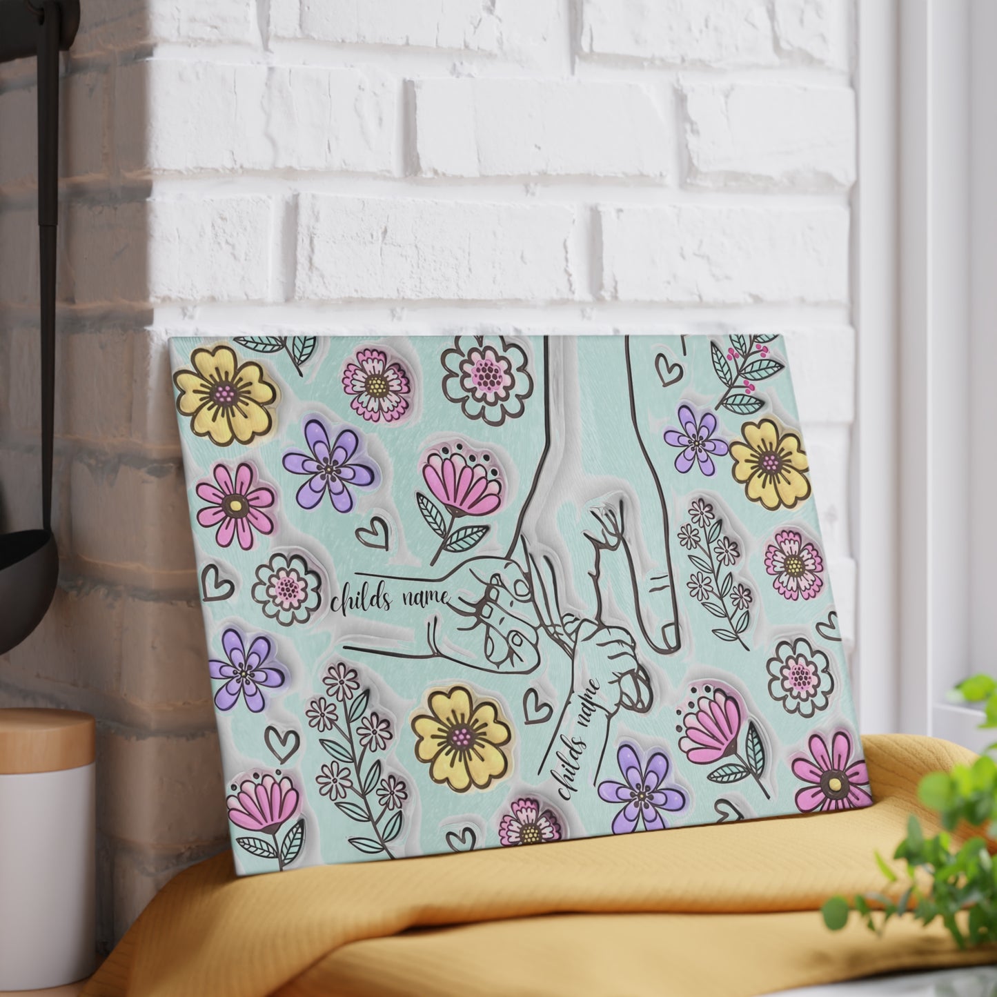 Tabla de cortar de vidrio templado personalizada con manos de madre | Arte floral 3D | Nombres personalizados para niños | Regalo para el Día de la Madre