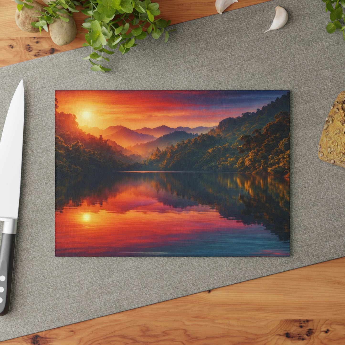 Sunset Mountain Lake Glass Cutting Board – Peaceful Nature Landscape Kitchen Art