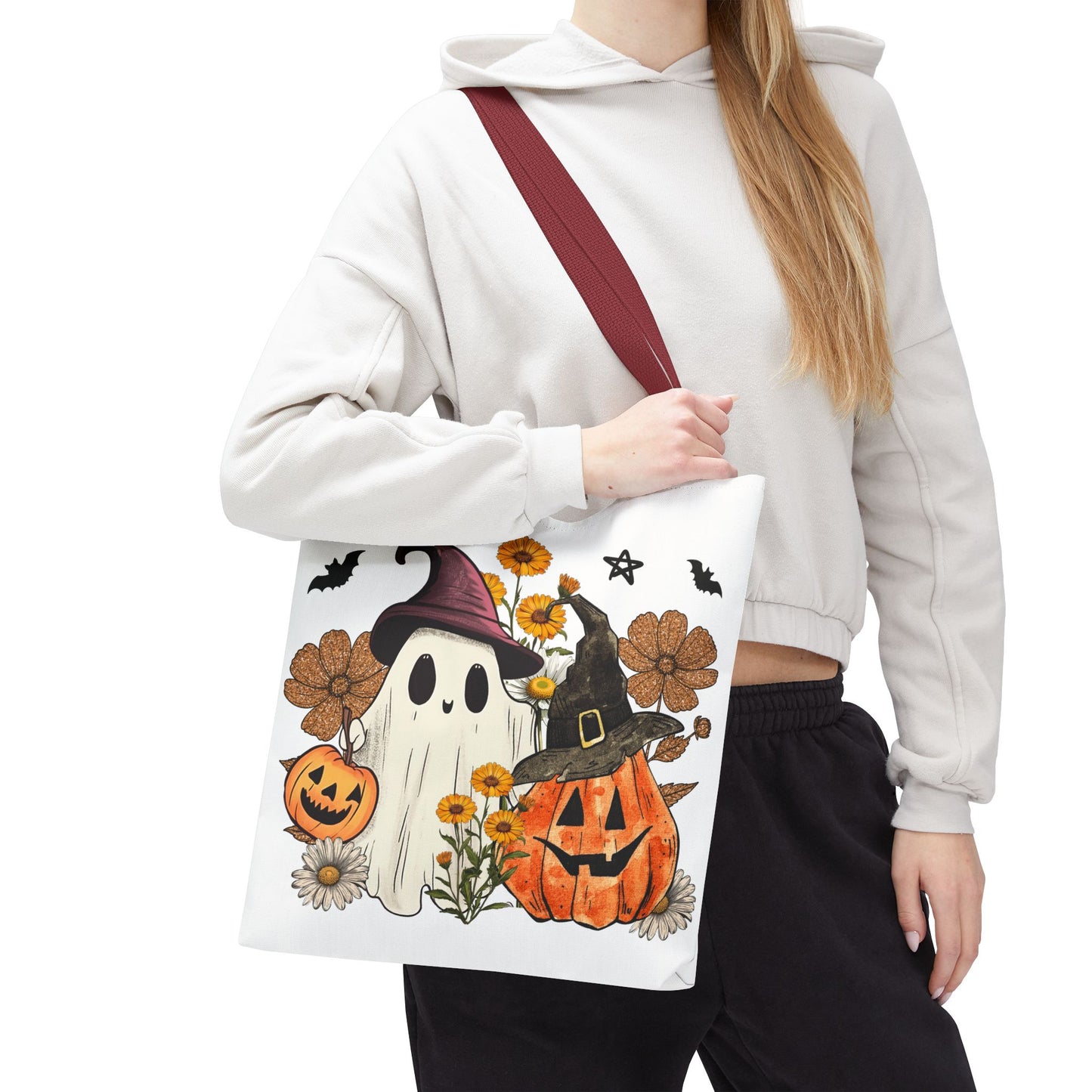 🎃 Ghost & Pumpkin Floral Tote Bag – Whimsical Halloween Charm 👻👜