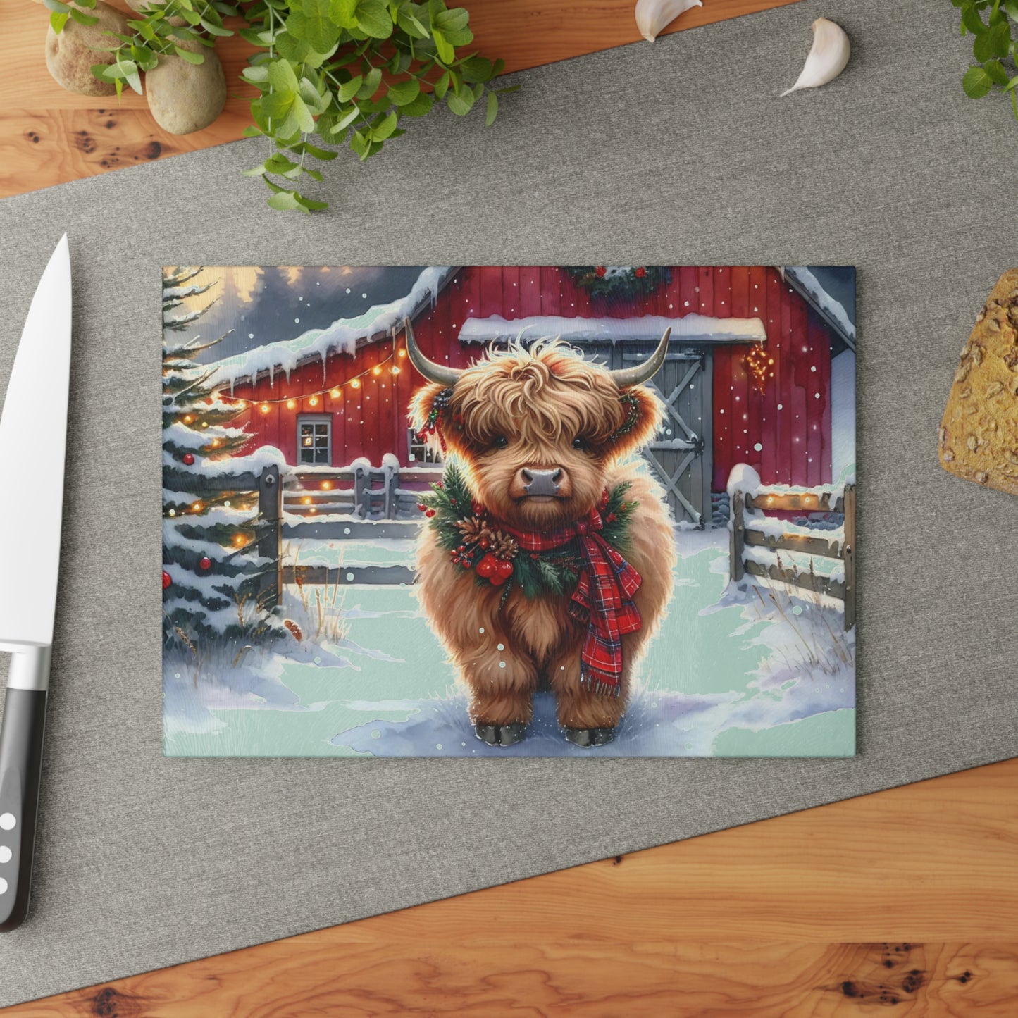 🐮❄️ “Cozy Highland Holiday Cow” Glass Cutting Board – Winter Charm for Your Kitchen