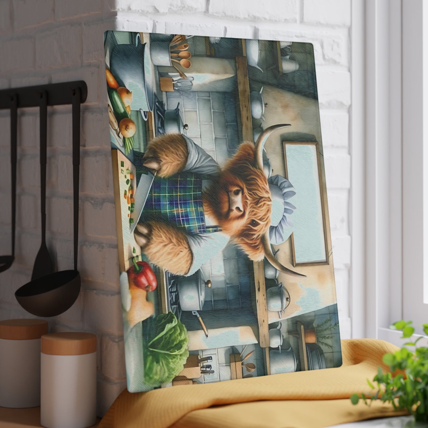 Tabla de cortar de vidrio Highland Cow Chef: decoración divertida para cocinas de estilo rústico