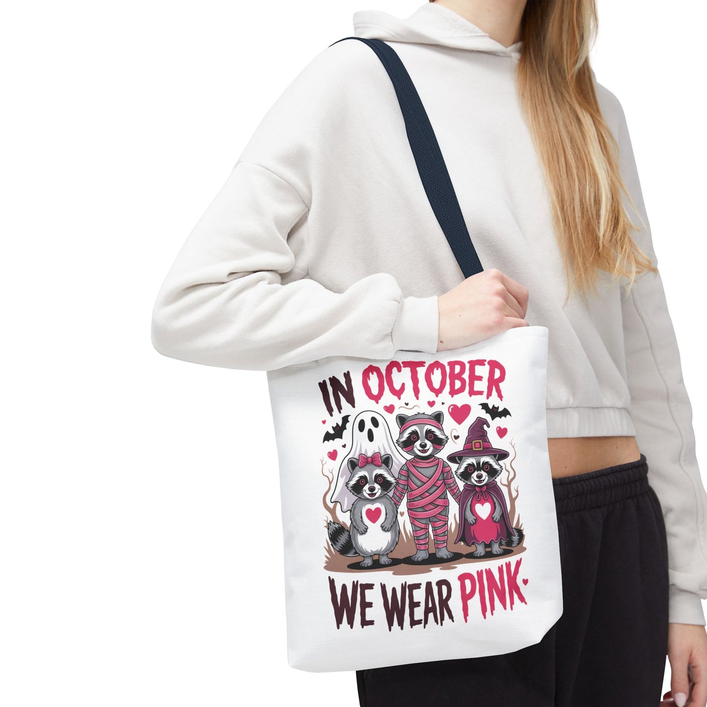 🎀 In October We Wear Pink Raccoon Halloween Tote Bag – Spooky Cute Awareness Style 🦝👜