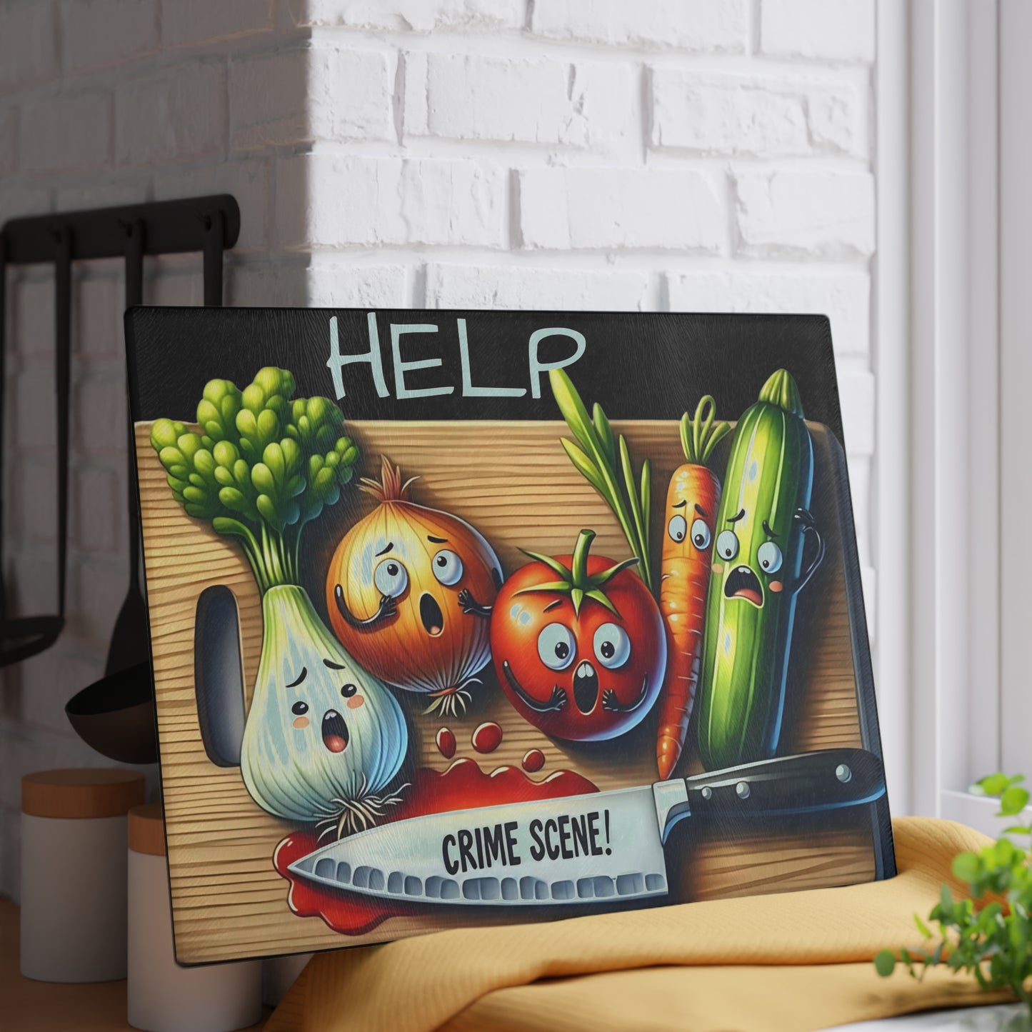 Tabla de cortar de vidrio para escena del crimen en la cocina: ¡Vegetales gritones y estilo asesino!
