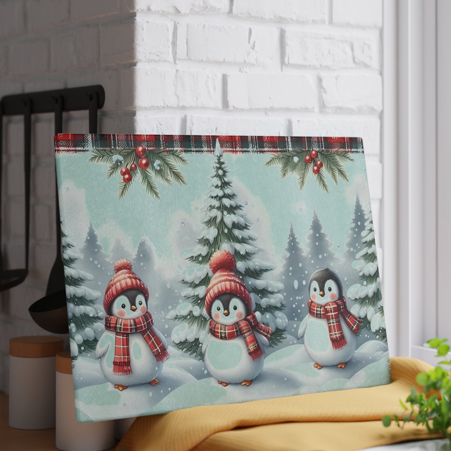 🐧🎄 Winter Penguin Wonderland Cutting Board – Festive Holiday Kitchen Décor with Plaid Accents ❄️✨