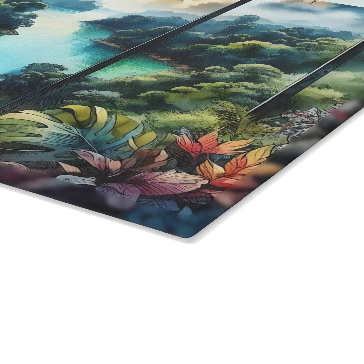 Tabla de cortar de vidrio templado con vista tropical: Escápate al paraíso