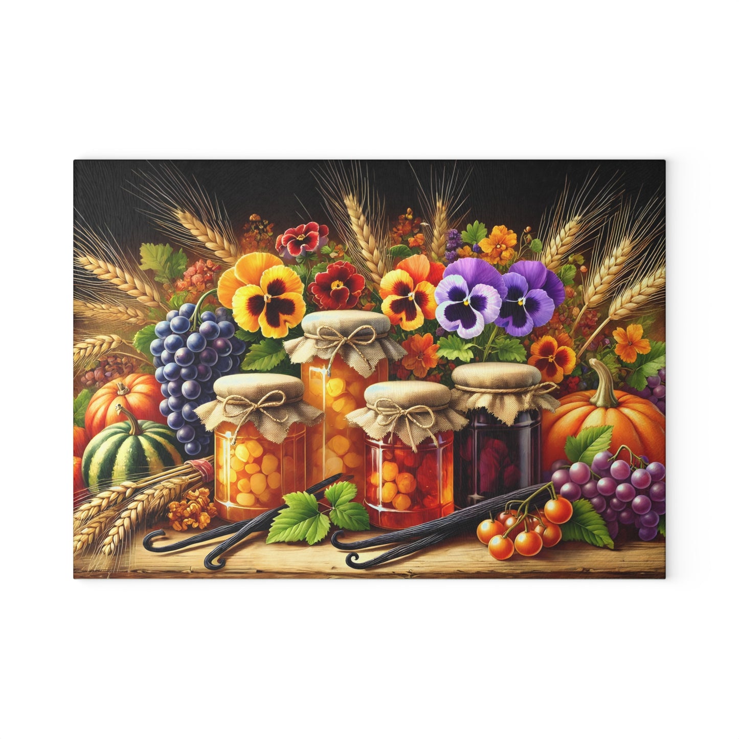 Tabla de cortar para la despensa de la cosecha otoñal: encanto rústico con delicias florales y frutales