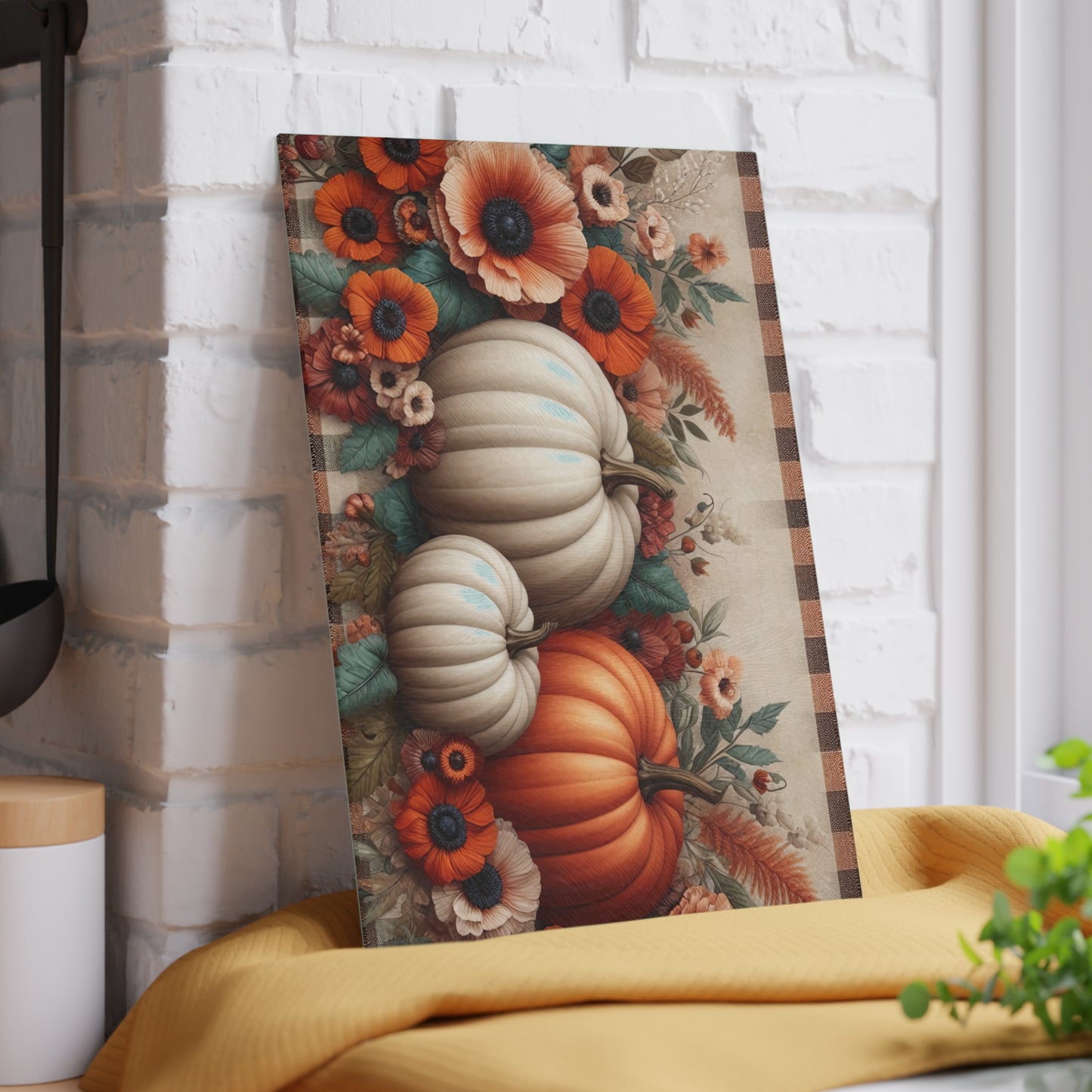 🍂🎃 Autumn Pumpkins and Florals Cutting Board – Rustic Fall Kitchen Décor 🍁🌻