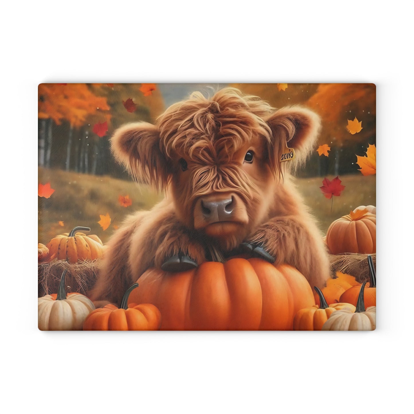 🍂🐮 Autumn Highland Calf Cutting Board – Rustic Fall Kitchen Décor with Pumpkins & Falling Leaves 🎃🍁