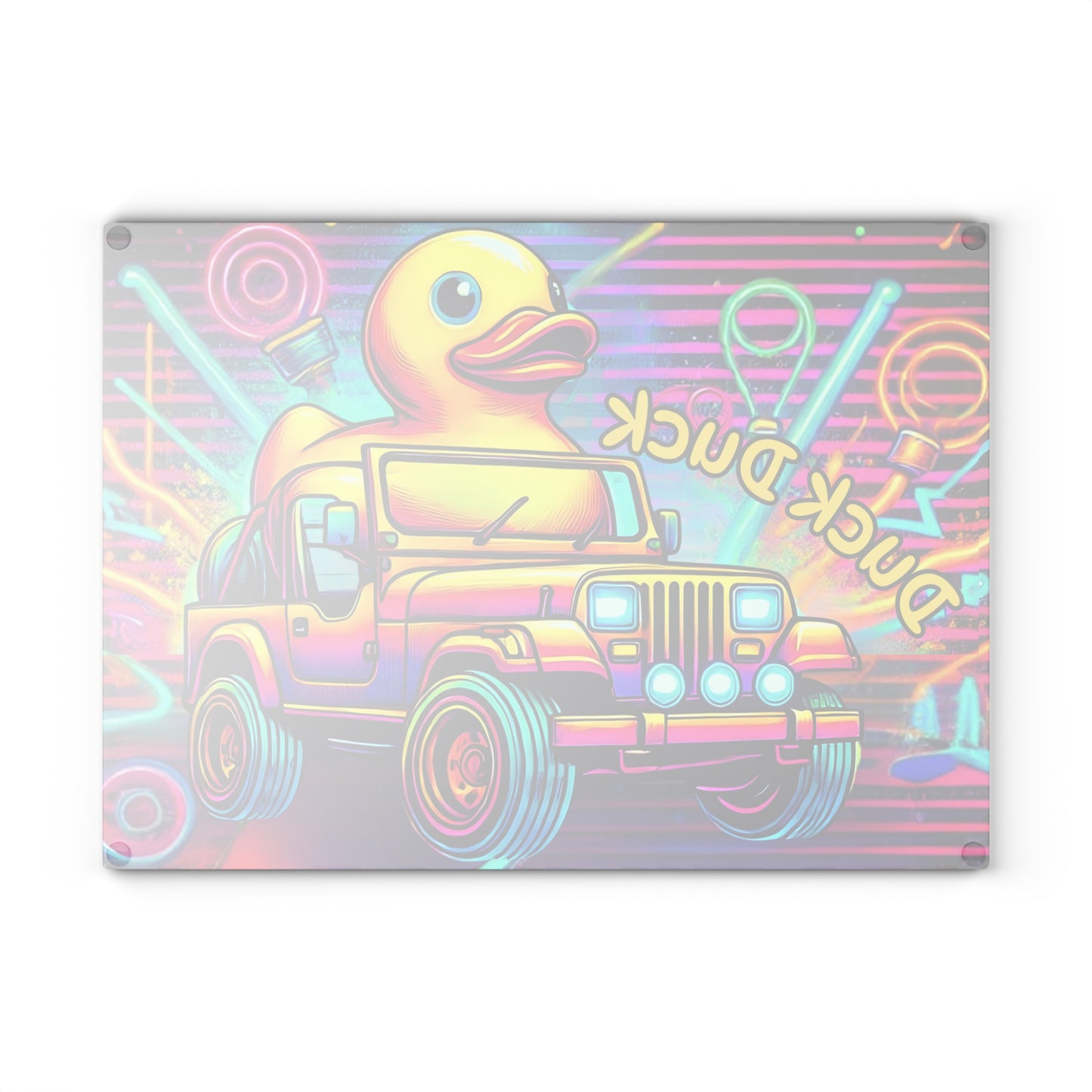Tabla de cortar de vidrio con diseño de jeep neón y patito de goma: decoración todoterreno vibrante para la cocina, tabla de cortar para jeep, jeep neón, jeep con patito de goma