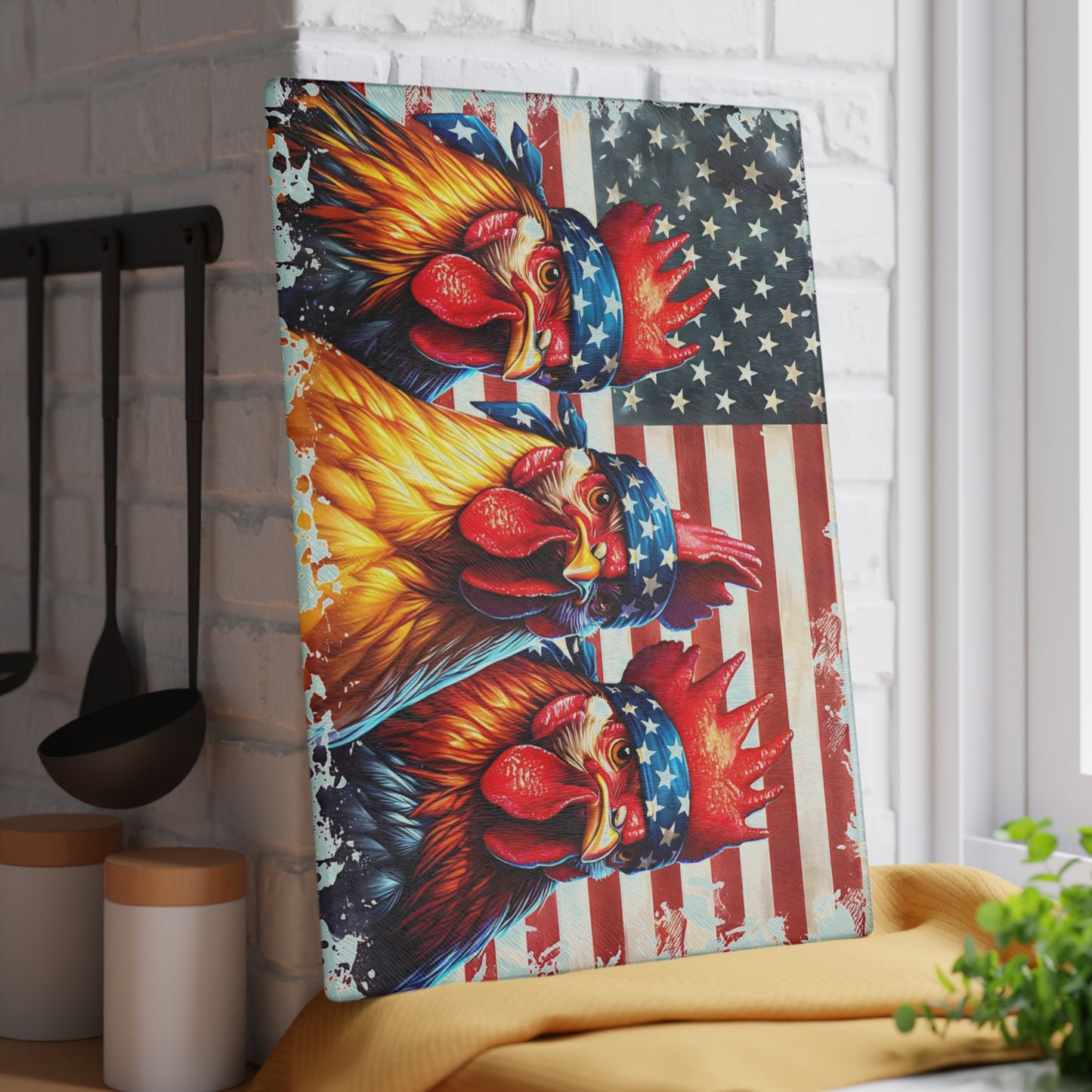 🐓🇺🇸 Patriotic Rooster Bandana Cutting Board – Bold Farmhouse Americana Kitchen Décor 🌾✨