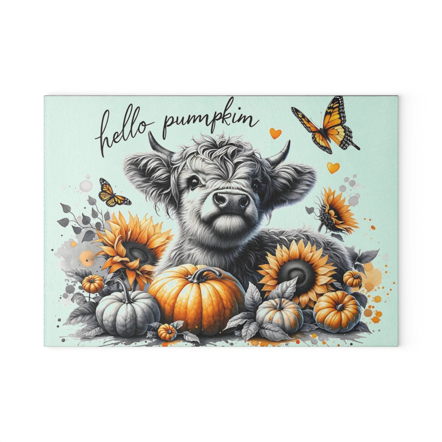 🐮🎃 Hello Pumpkin Highland Cow Cutting Board – Autumn Charm with Sunflowers & Butterflies 🍂🦋