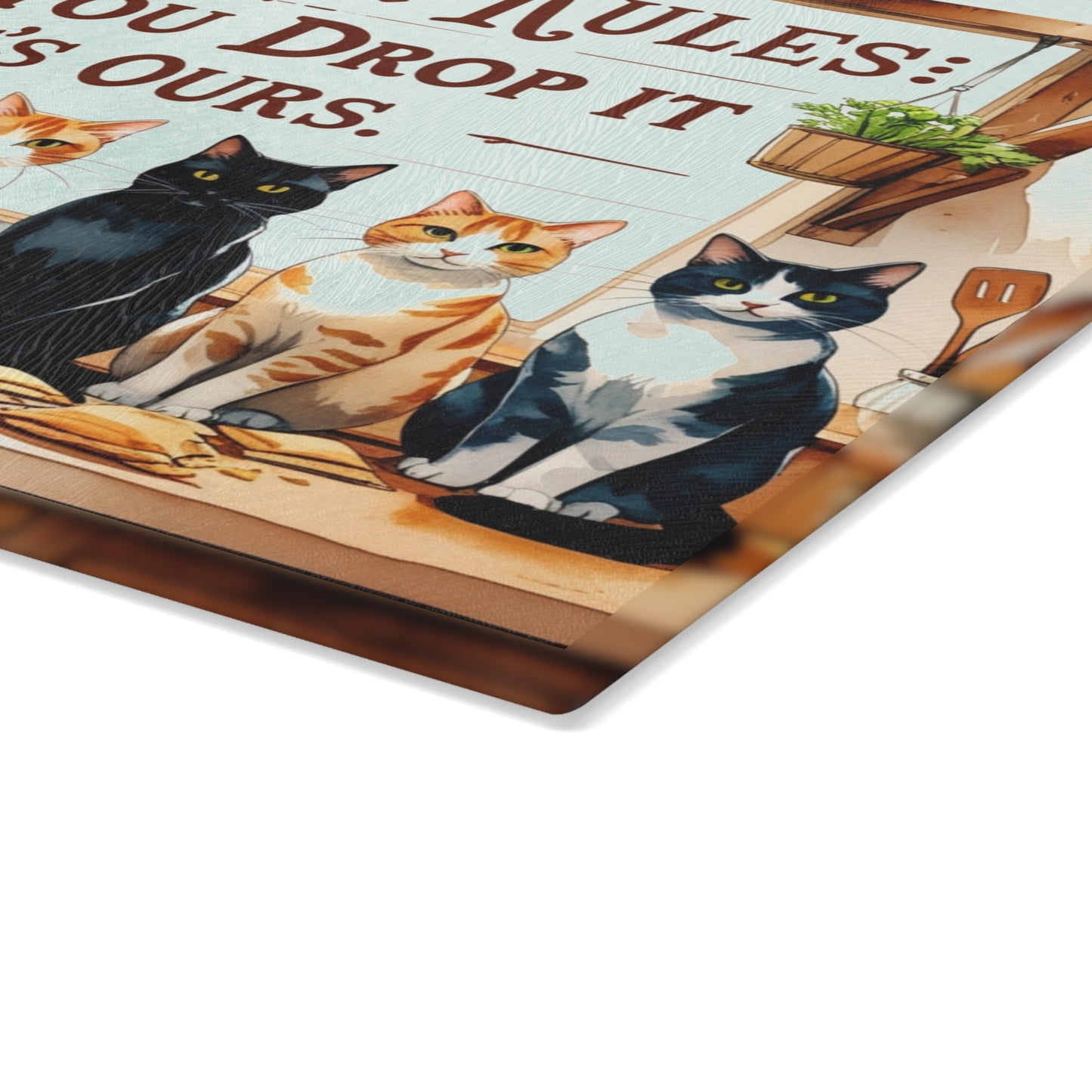 🐱🍴 Kitchen Rules Cat Cutting Board – “If You Drop It, It’s Ours” 🍴🐱