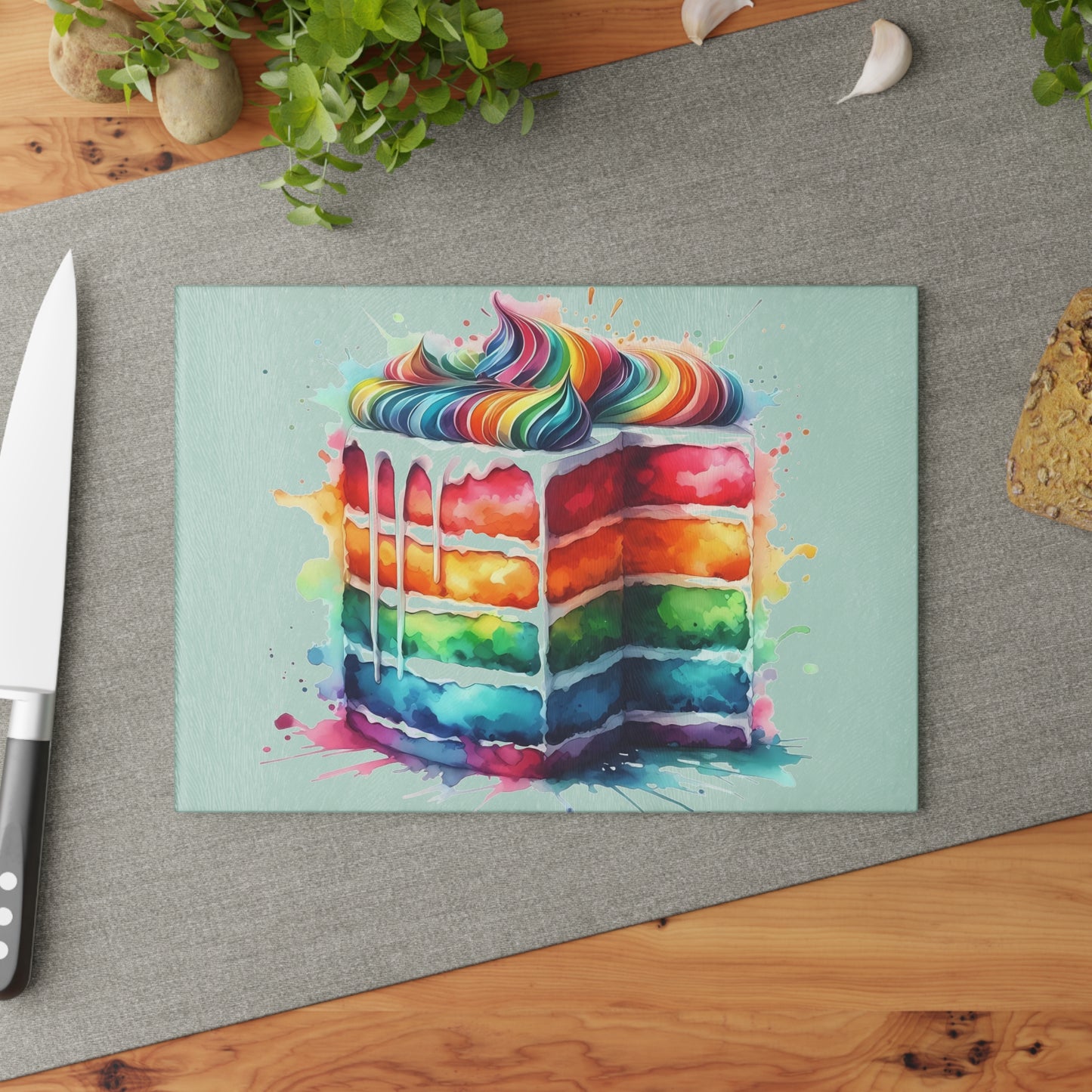 Tabla de cortar de vidrio templado con diseño de pastel arcoíris