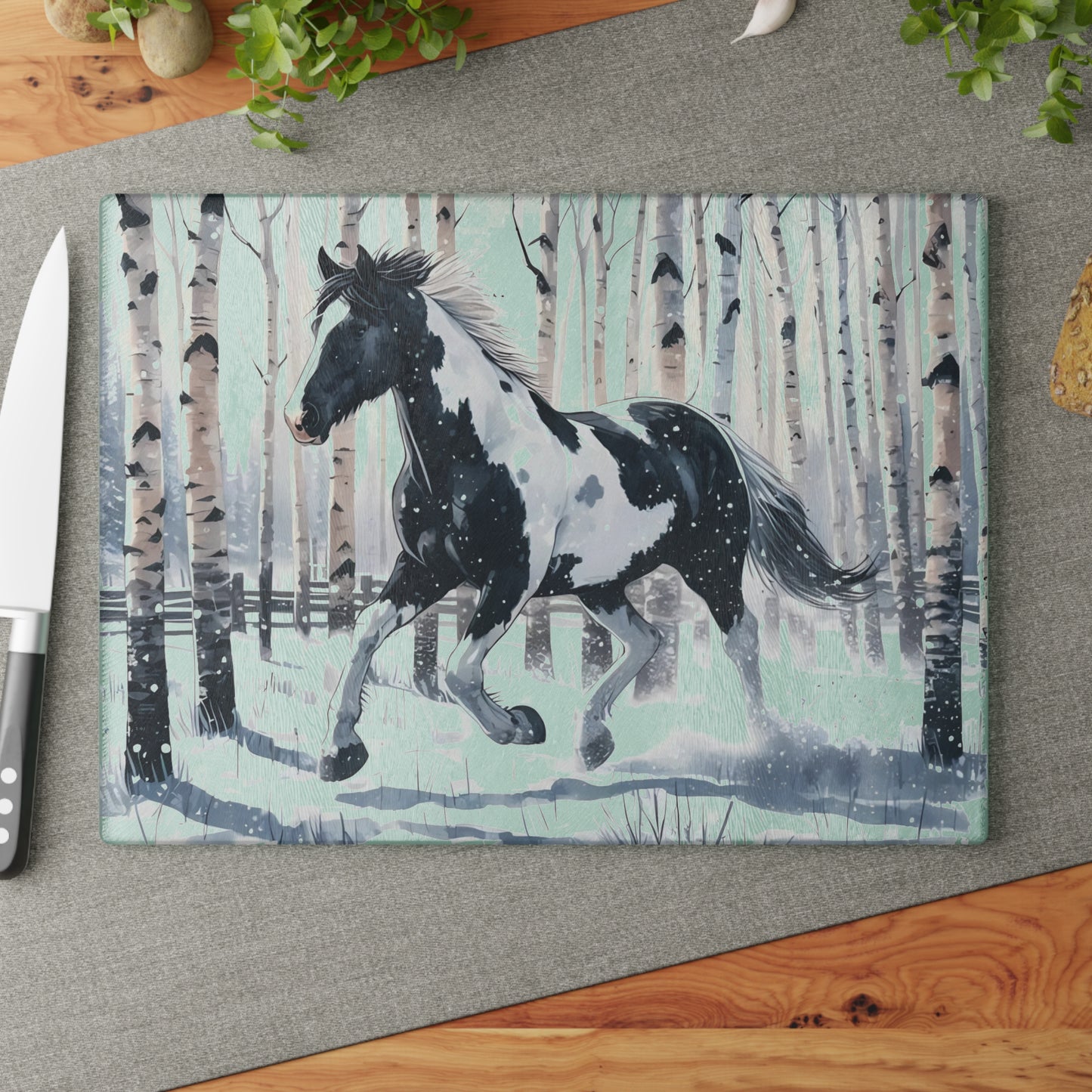 ❄️ Snowy Gallop Cutting Board – Majestic Horse in Birch Forest Winter Scene