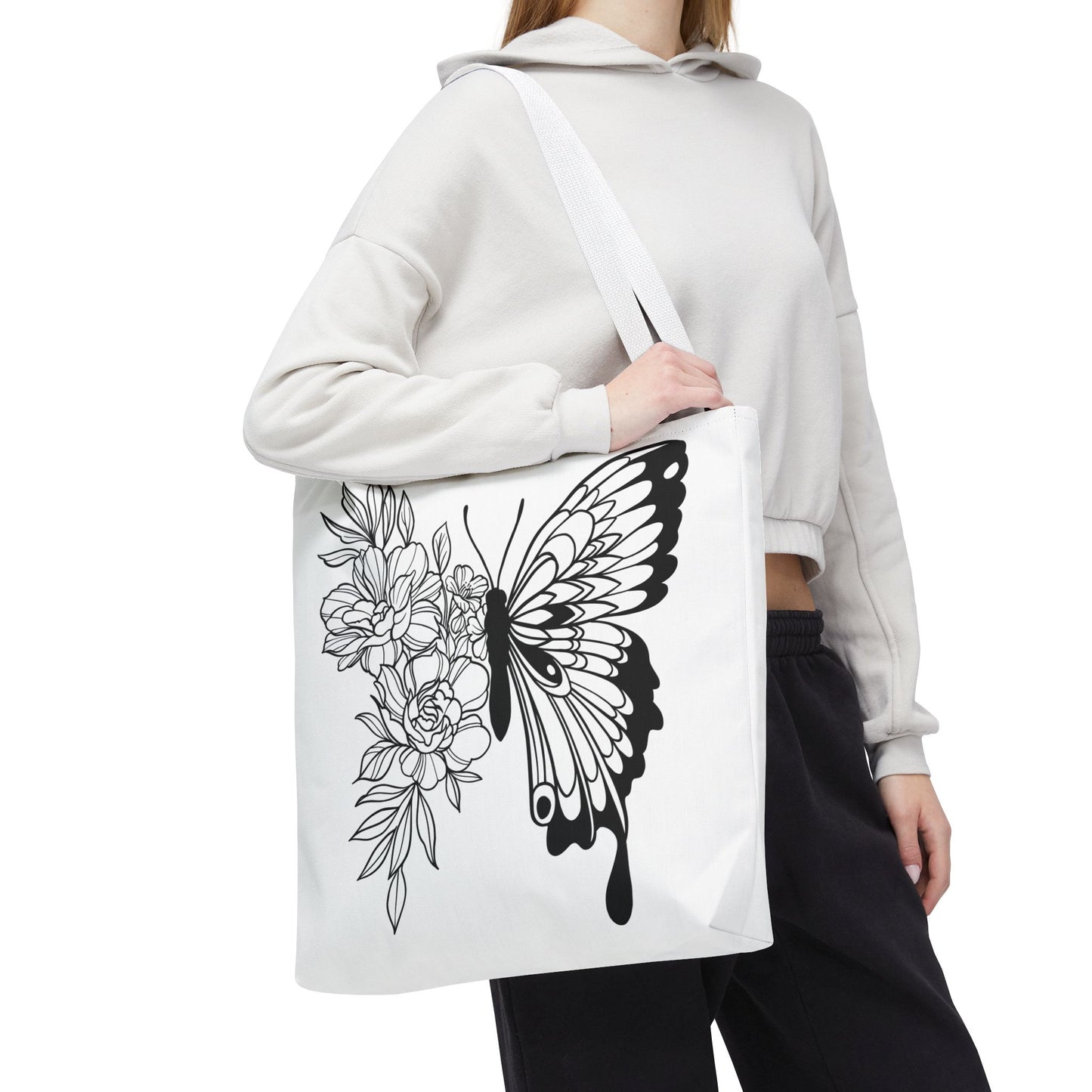 🦋 Black & White Butterfly Floral Tote Bag – Elegant Simplicity in Every Carry 🌸👜