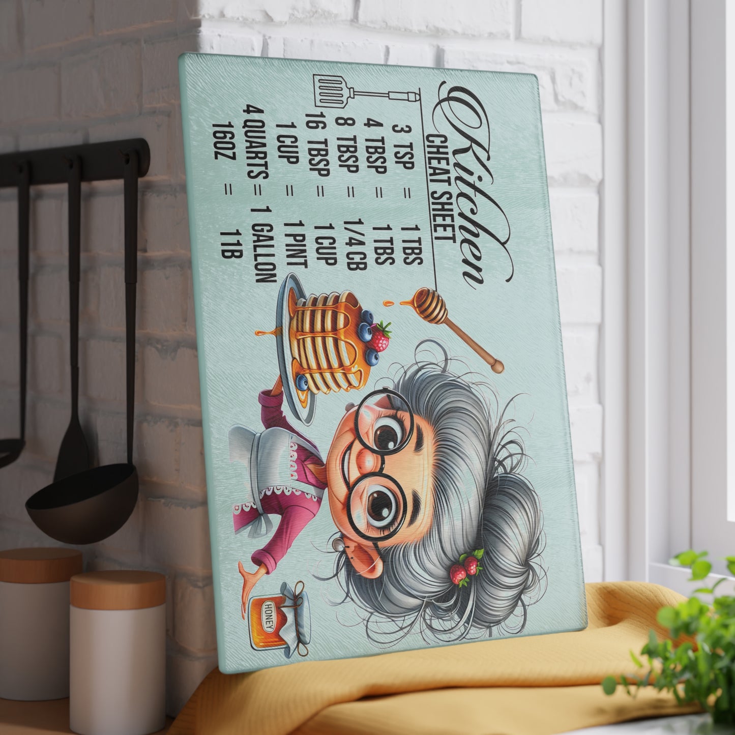 Tabla de cortar con trucos para la cocina: adorable abuela y práctica tabla de conversión de cocina