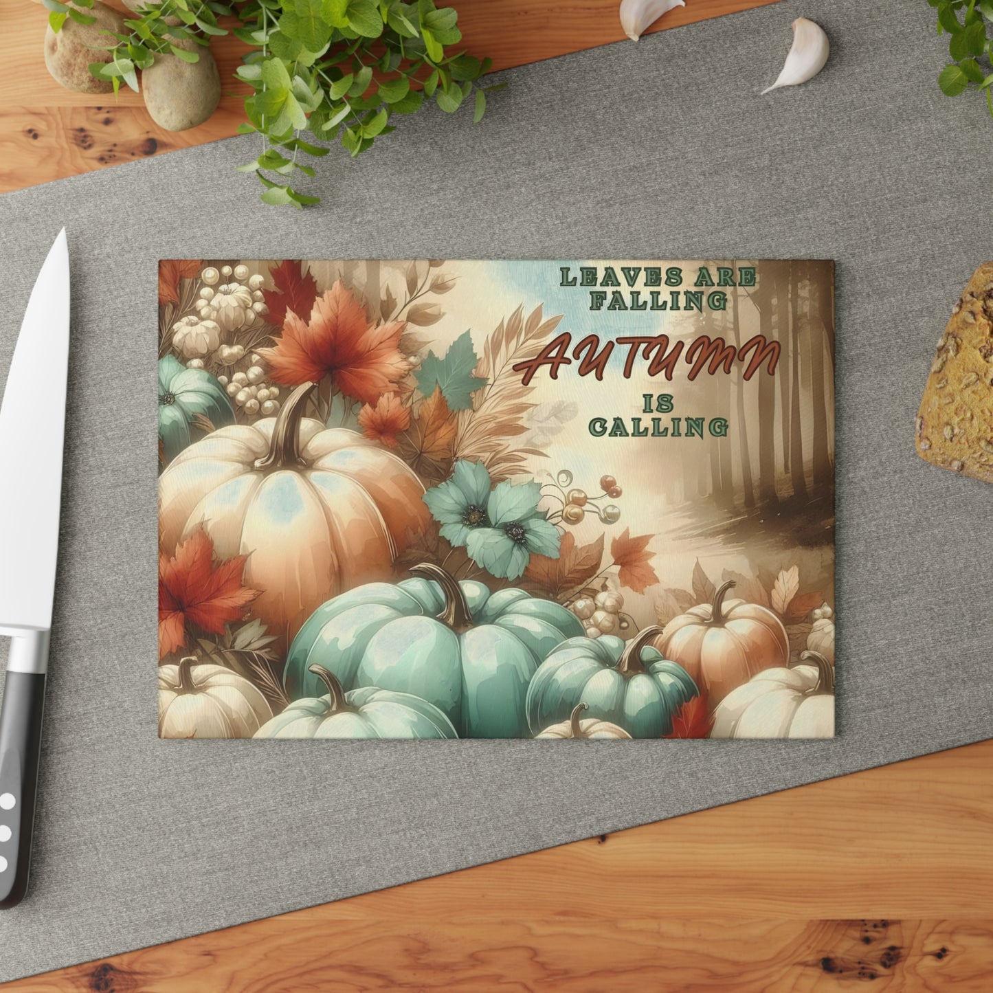🍂 Leaves Are Falling, Autumn Is Calling – Pumpkin Art Glass Cutting Board
