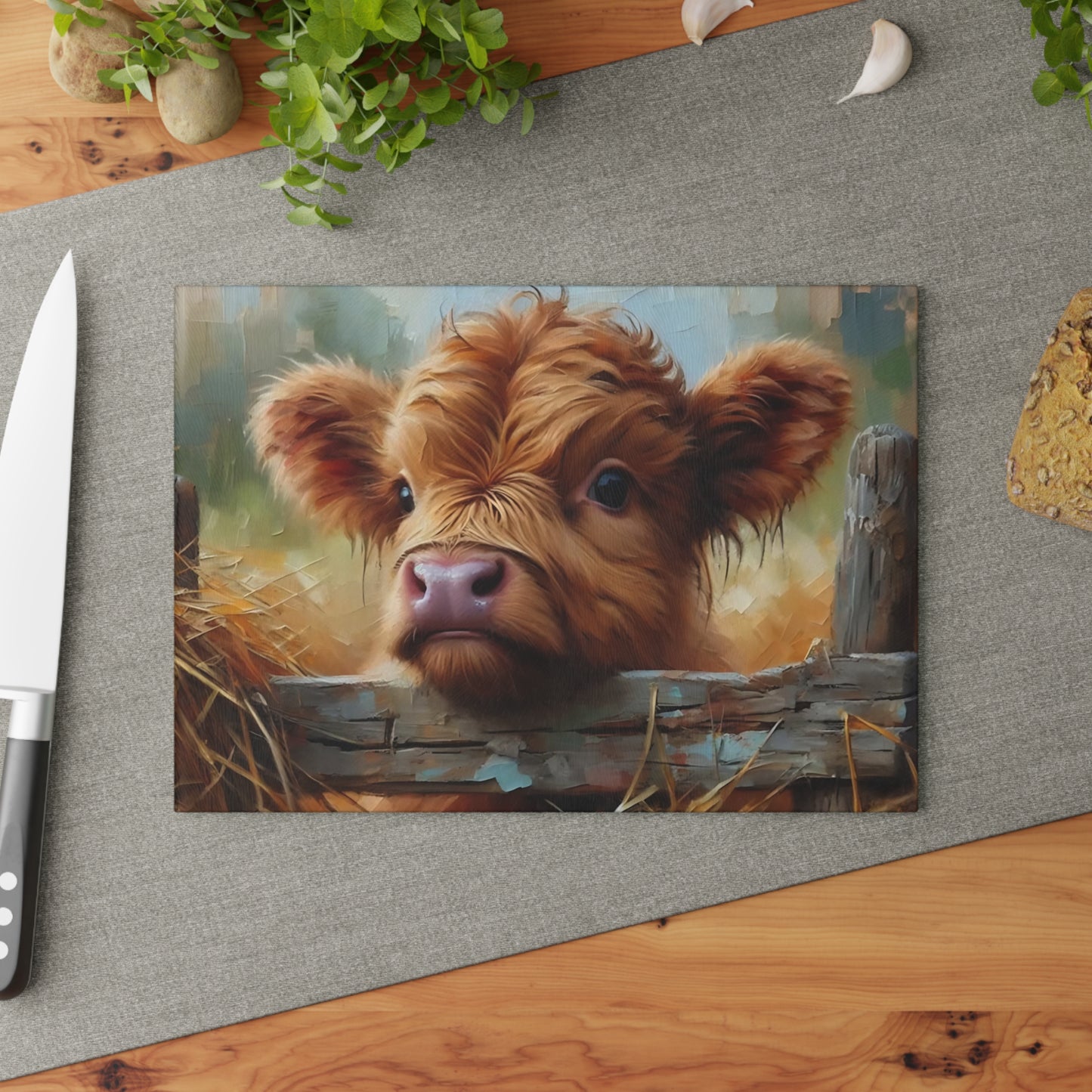 🐮🌾 Curious Highland Calf Cutting Board – Rustic Charm with Country Soul