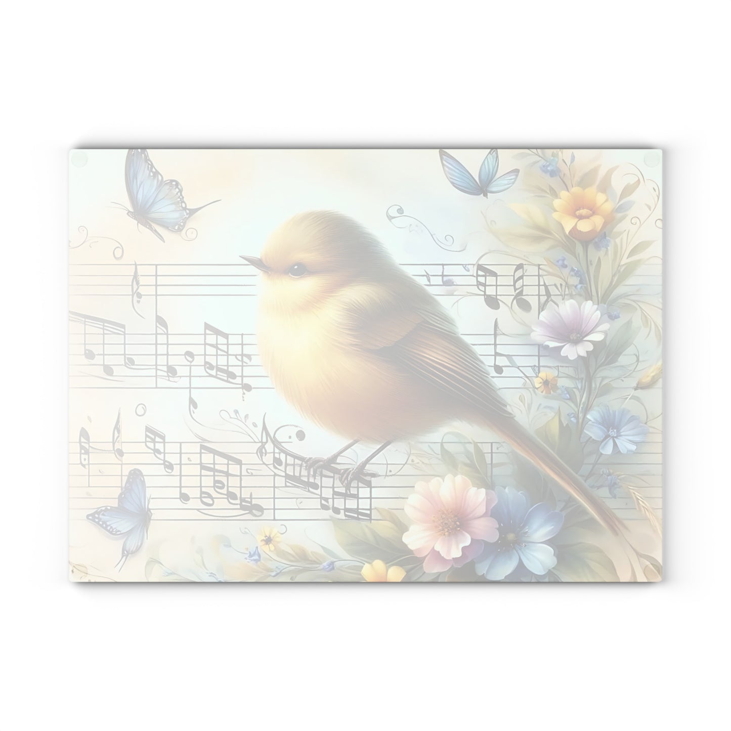 Tabla de cortar de vidrio templado con forma de pájaro rodeada de mariposas, flores y notas musicales.