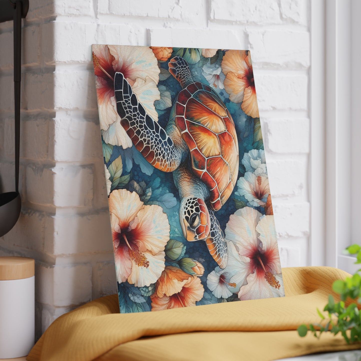 🐢 Tropical Sea Turtle & Hibiscus Cutting Board – Coastal Elegance for Your Kitchen 🌺