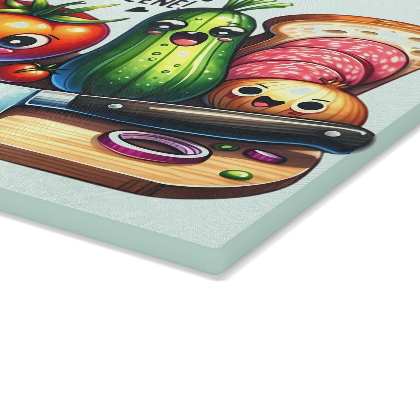 Tabla de cortar de vidrio con temática de escena del crimen en la cocina: verduras, pan y salami que gritan, decoración divertida para la cocina
