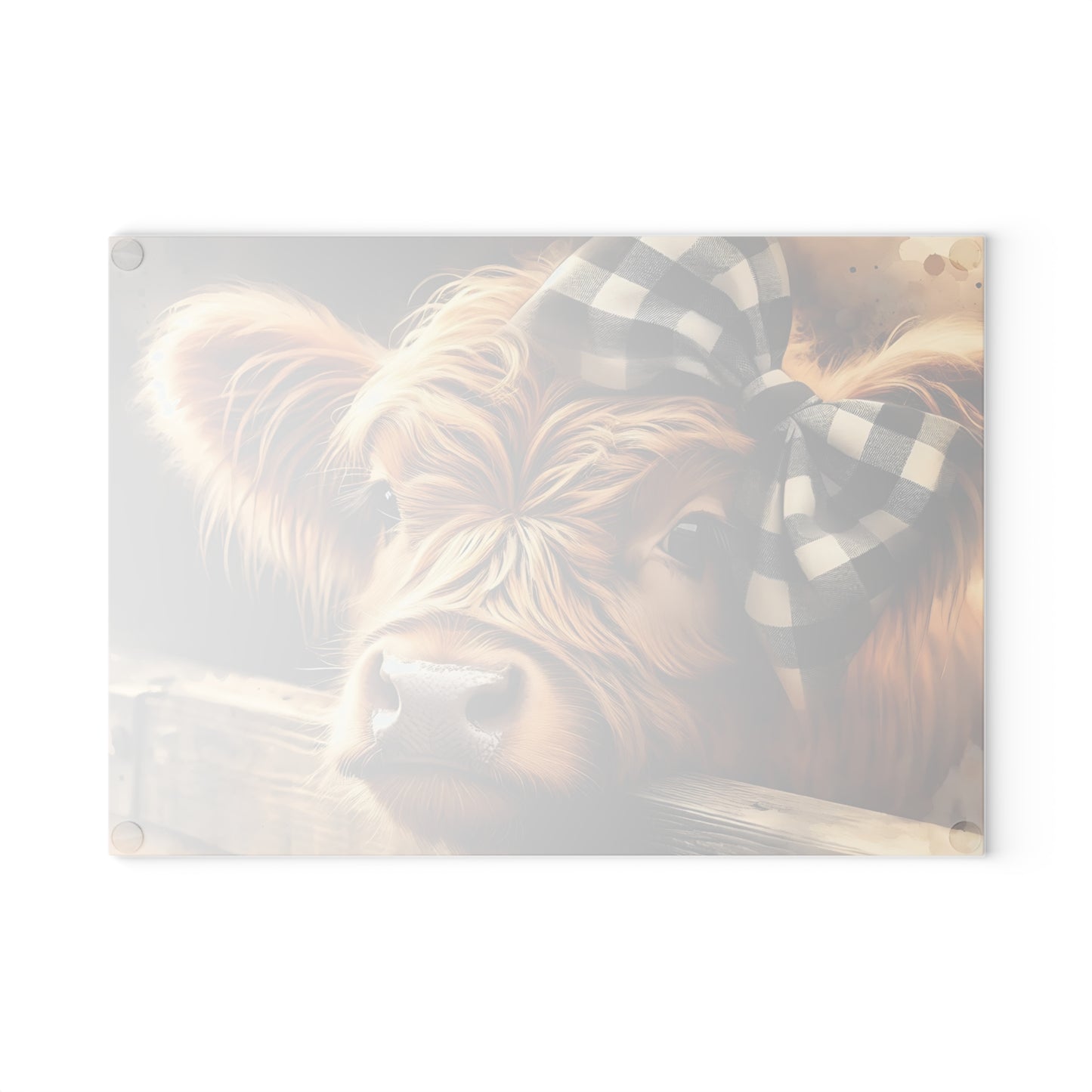 Tabla de cortar de vidrio con diseño de vaca de las Tierras Altas y lazo a cuadros – Decoración de cocina rústica