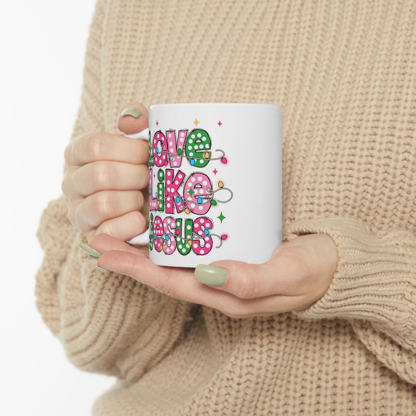 ☕ Love Like Jesus Coffee Mug – Holiday Lights & Faith-Filled Cheer 💖🎄