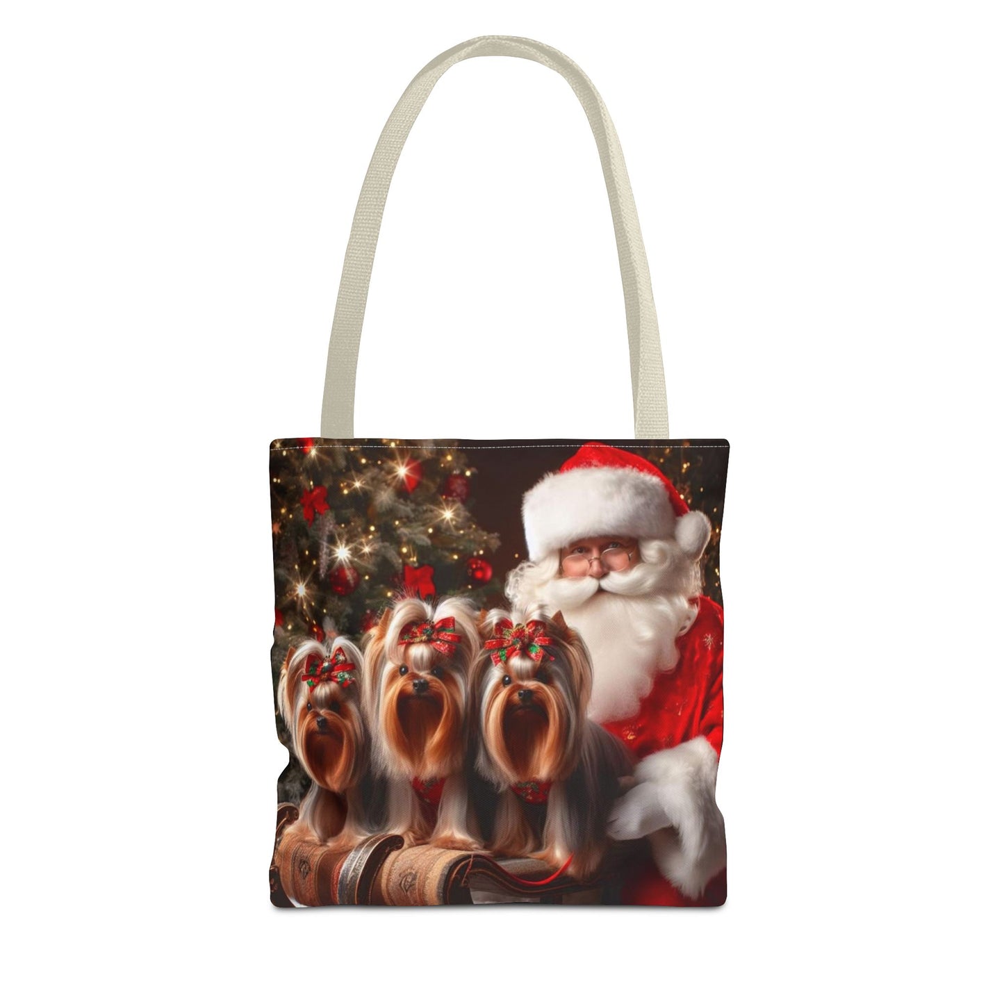 🎅 Santa & Yorkies Christmas Tote Bag – Holiday Cheer with a Furry Twist 🎄