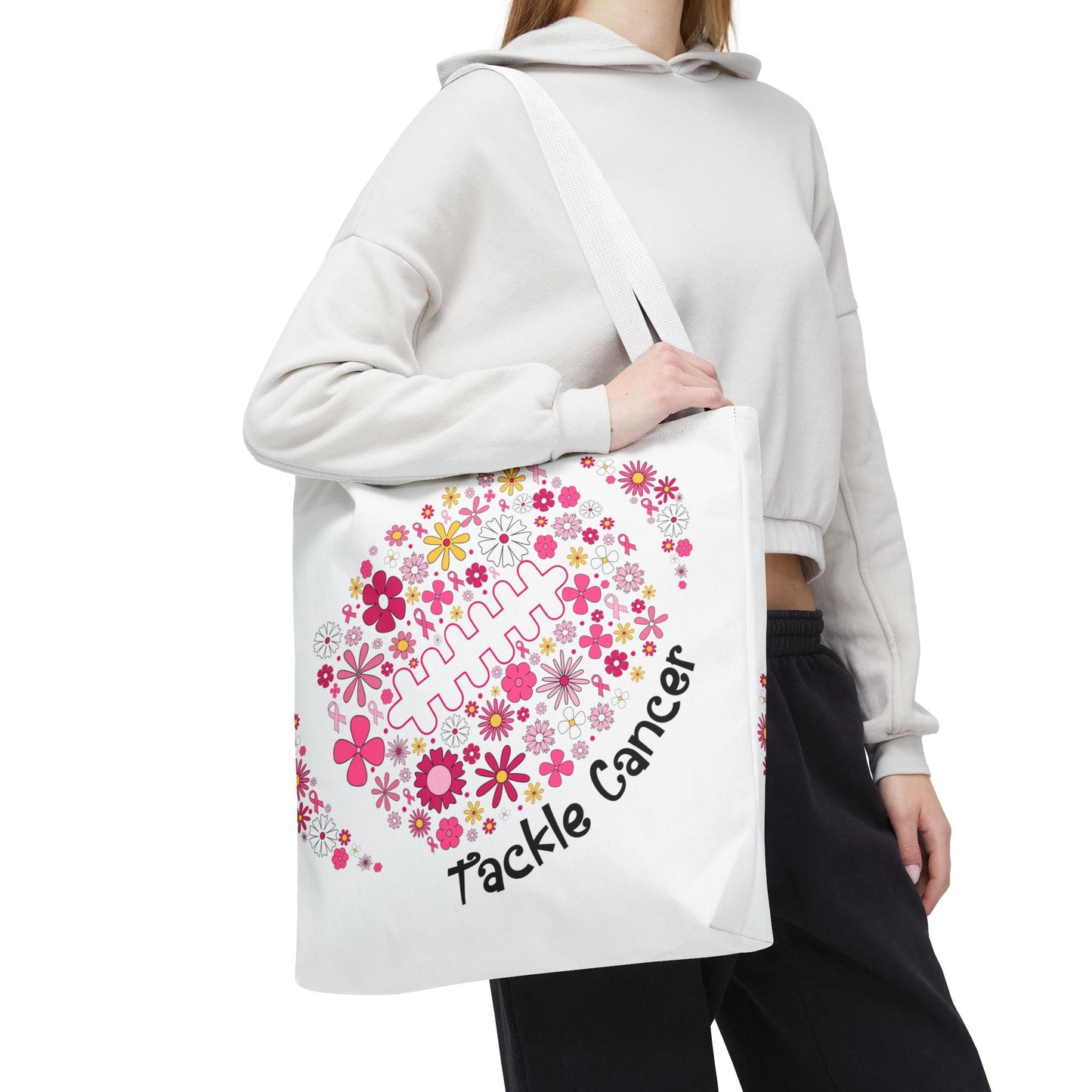 ๐ธ Pink Floral Football Tote Bag โ Game Day Meets Breast Cancer Awareness ๐๐